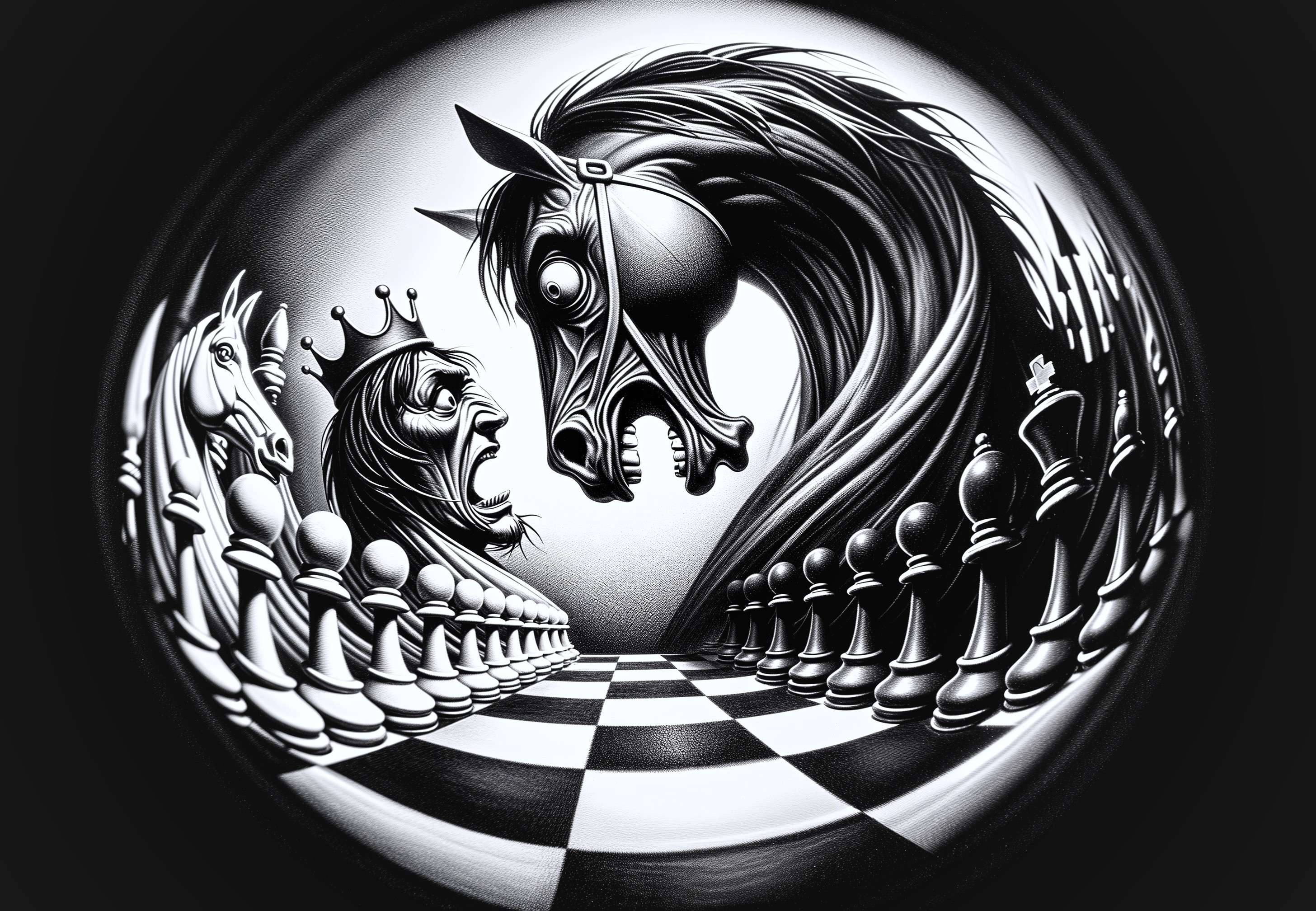 Monochromatic Chess Scene with Towering Pieces