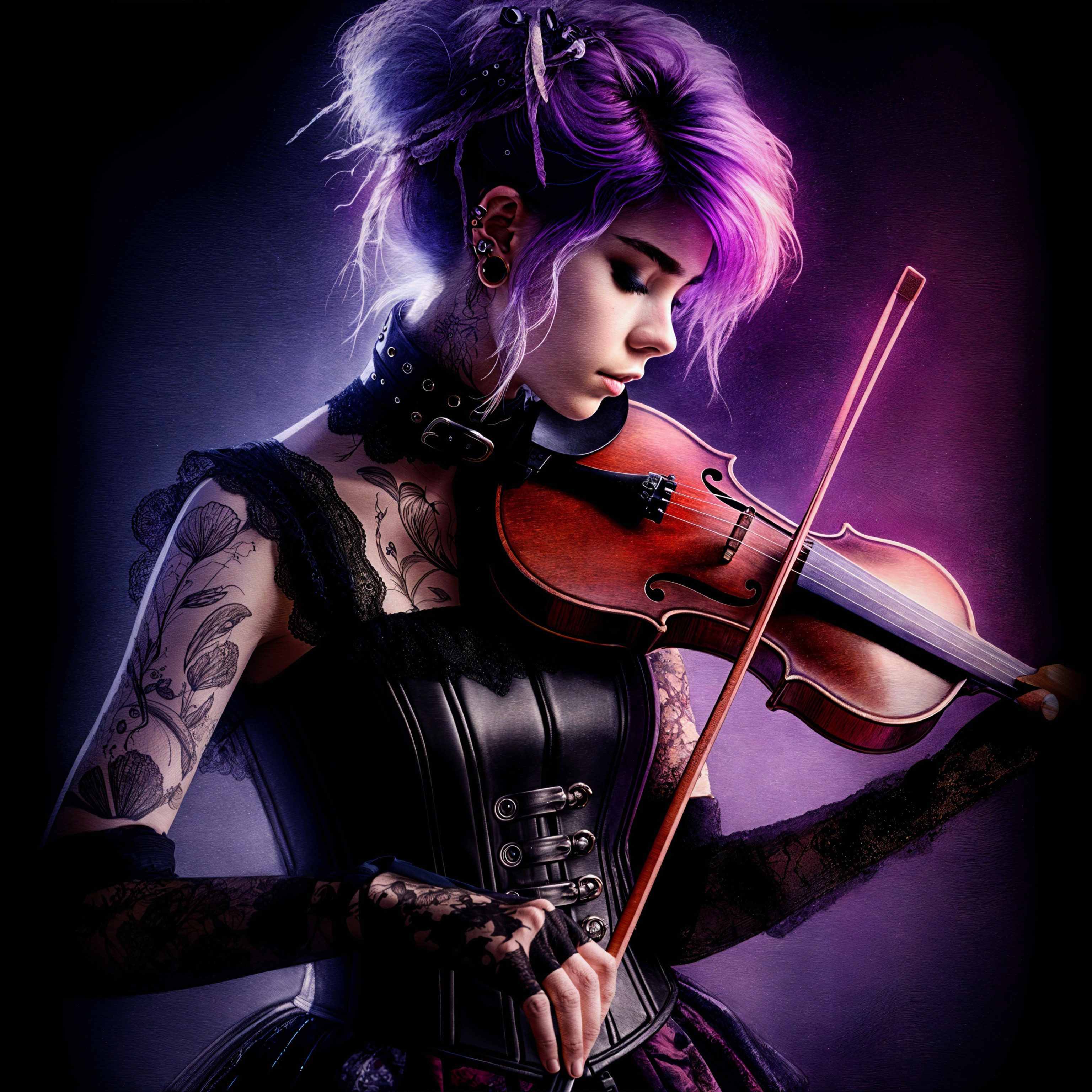 Young Woman with Purple Hair Playing Violin in Gothic Style