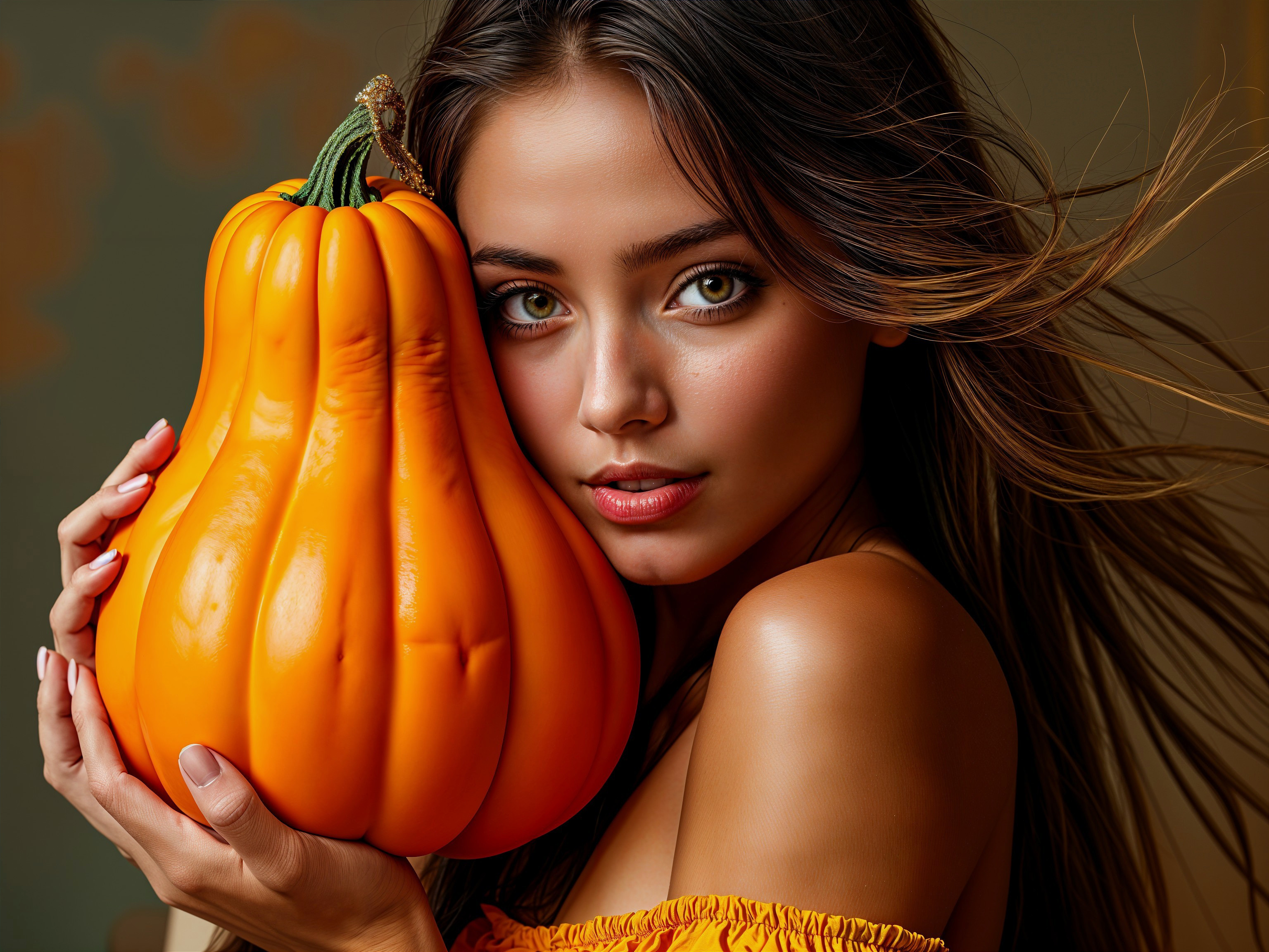 Young woman with pumpkin in soft yellow top