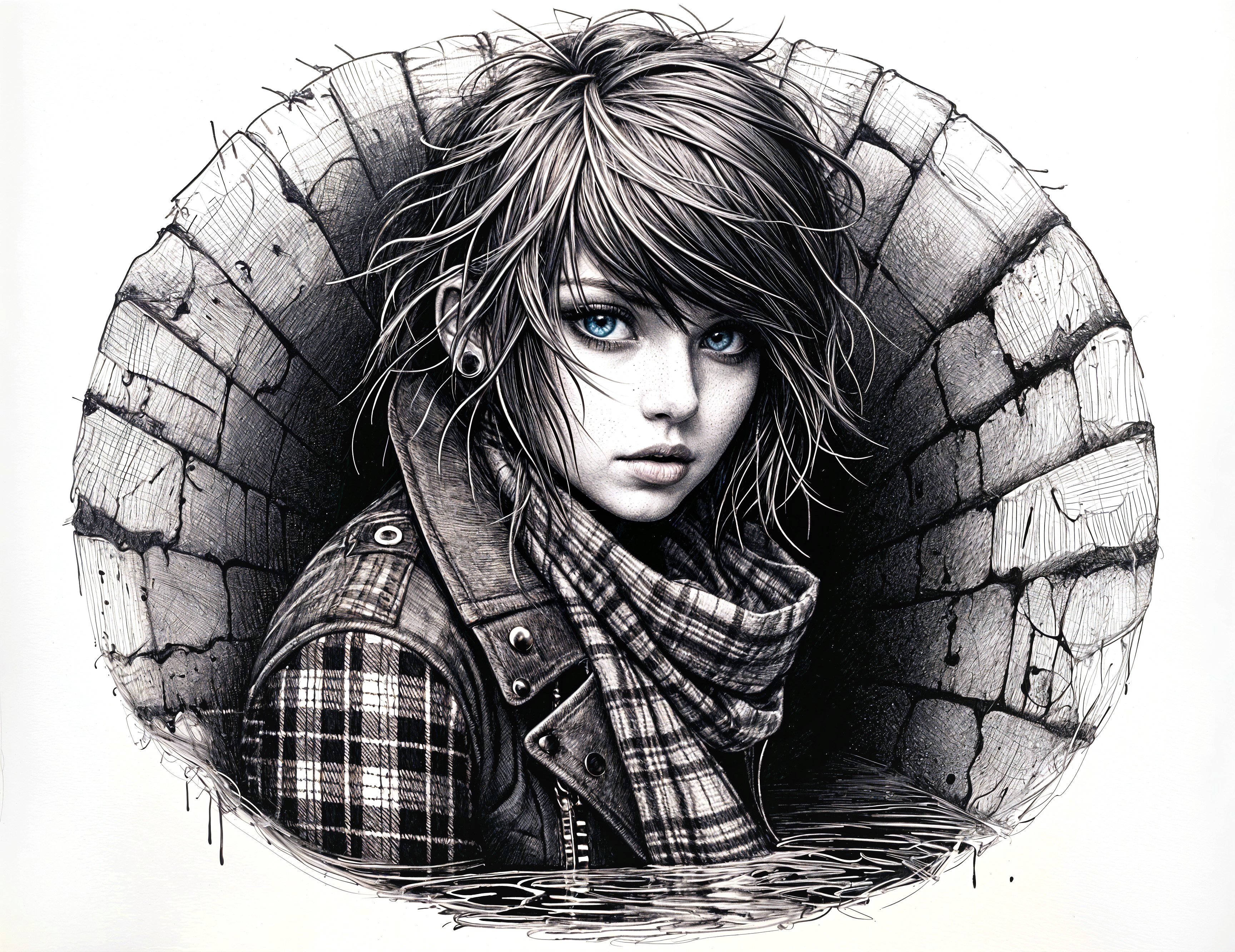Young woman in leather vest emerging from brick tunnel
