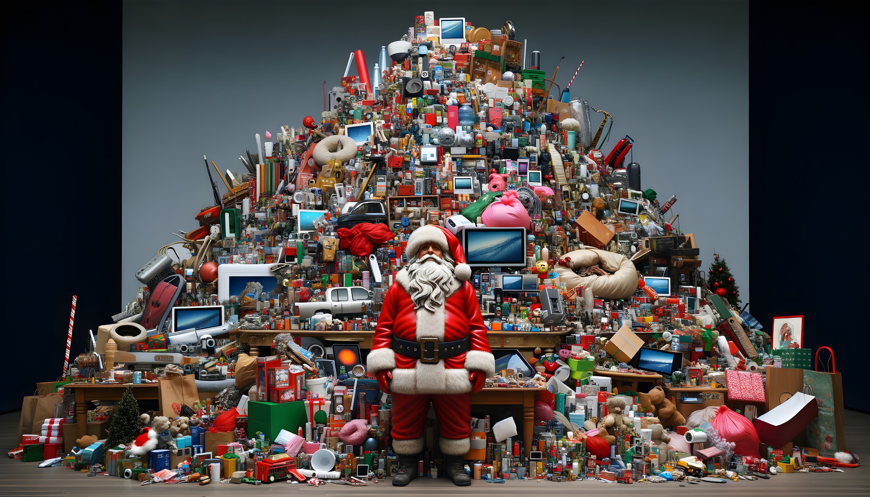 Santa Claus surrounded by assorted items in chaotic scene