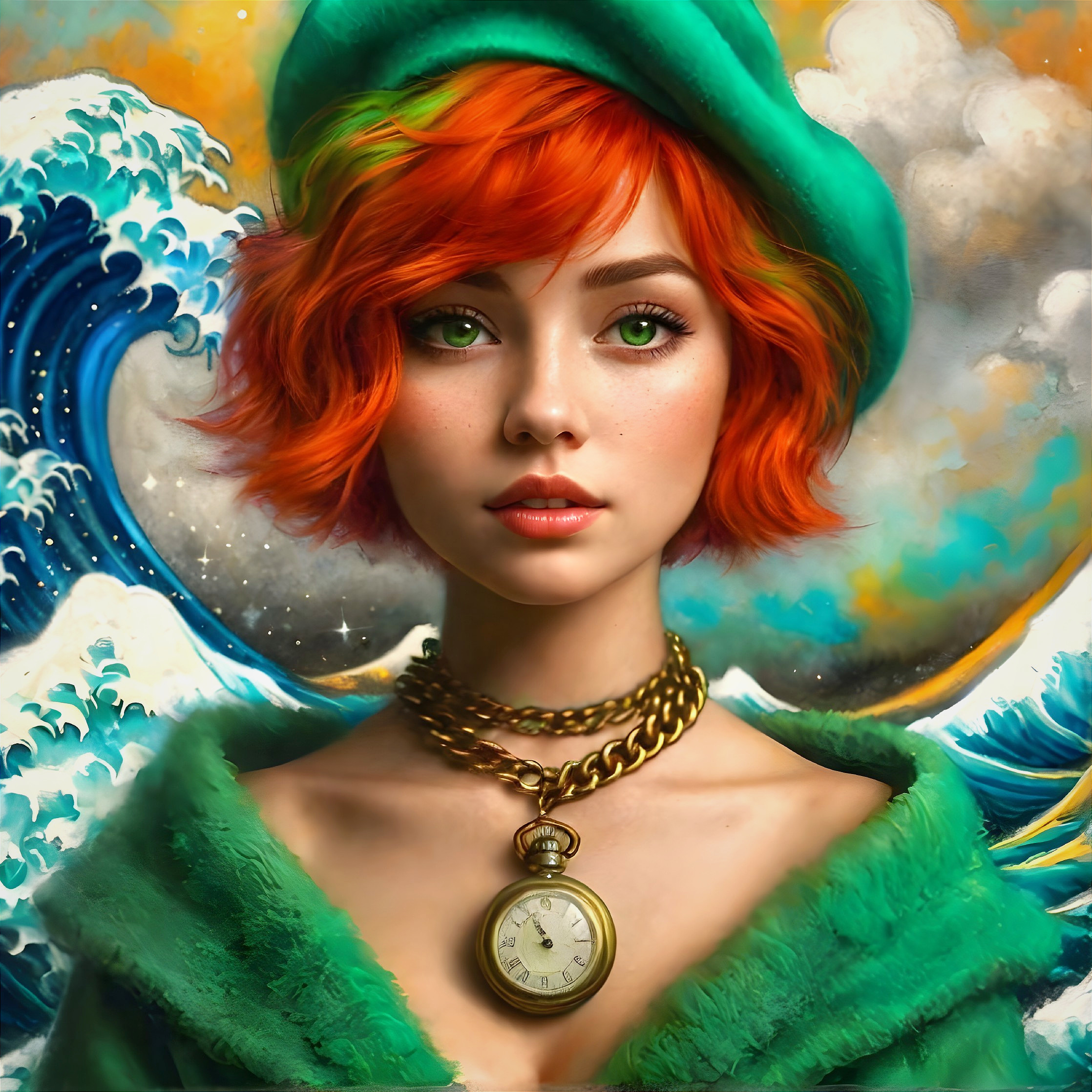 Young woman with orange hair in green attire and waves
