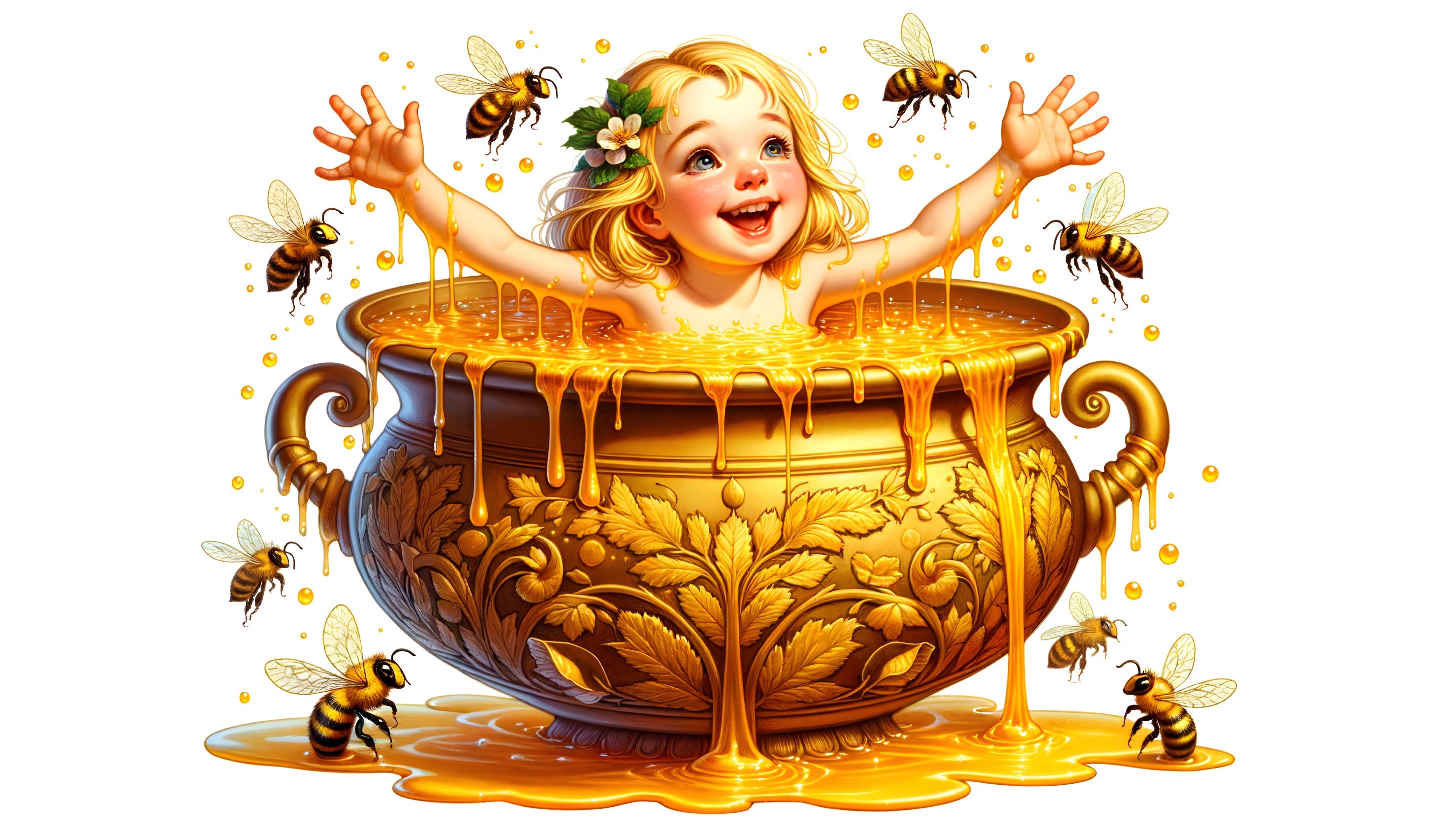 Blonde girl in honey pot with bees and flowers