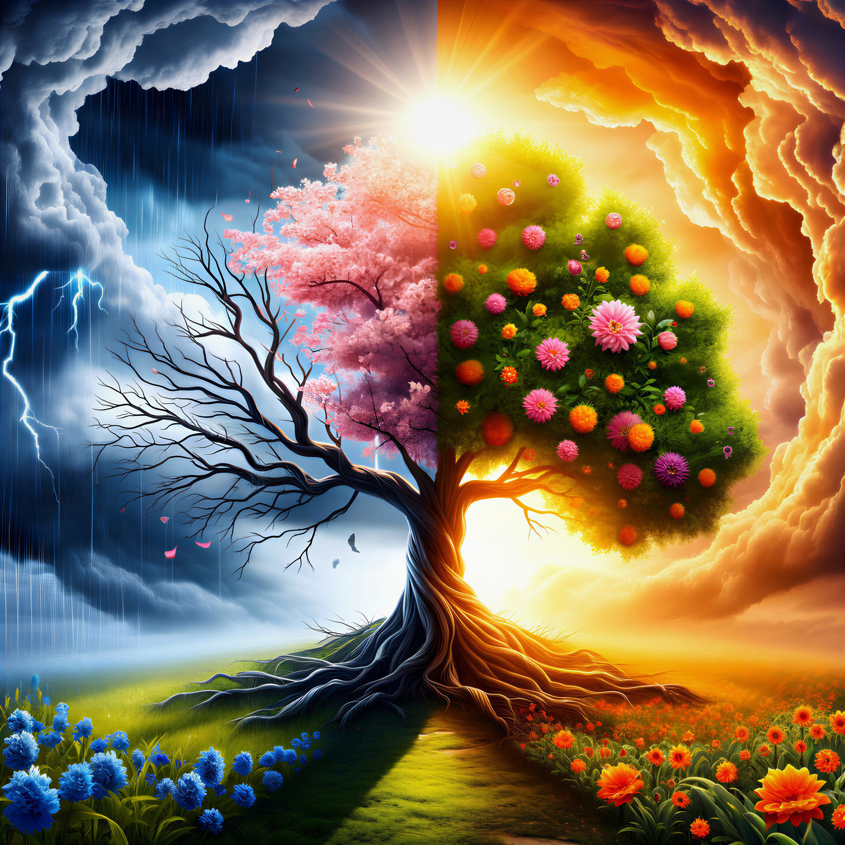 Tree Divided by Seasons: Winter and Summer Contrast