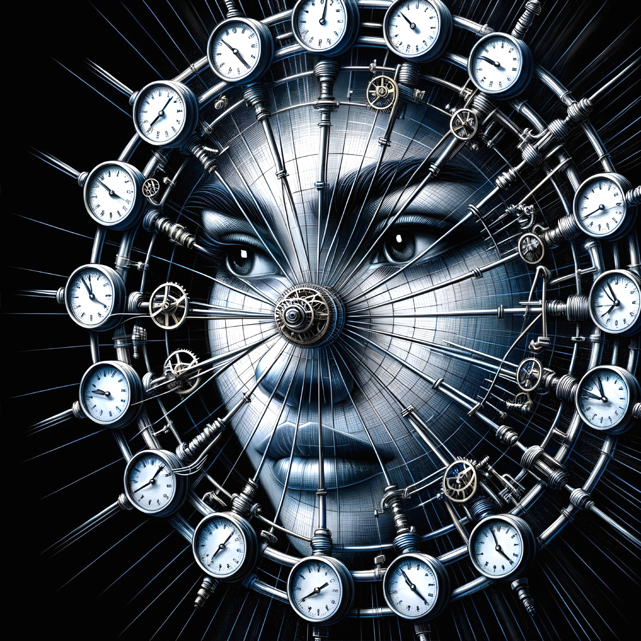 Face Surrounded by Clocks and Mechanical Components