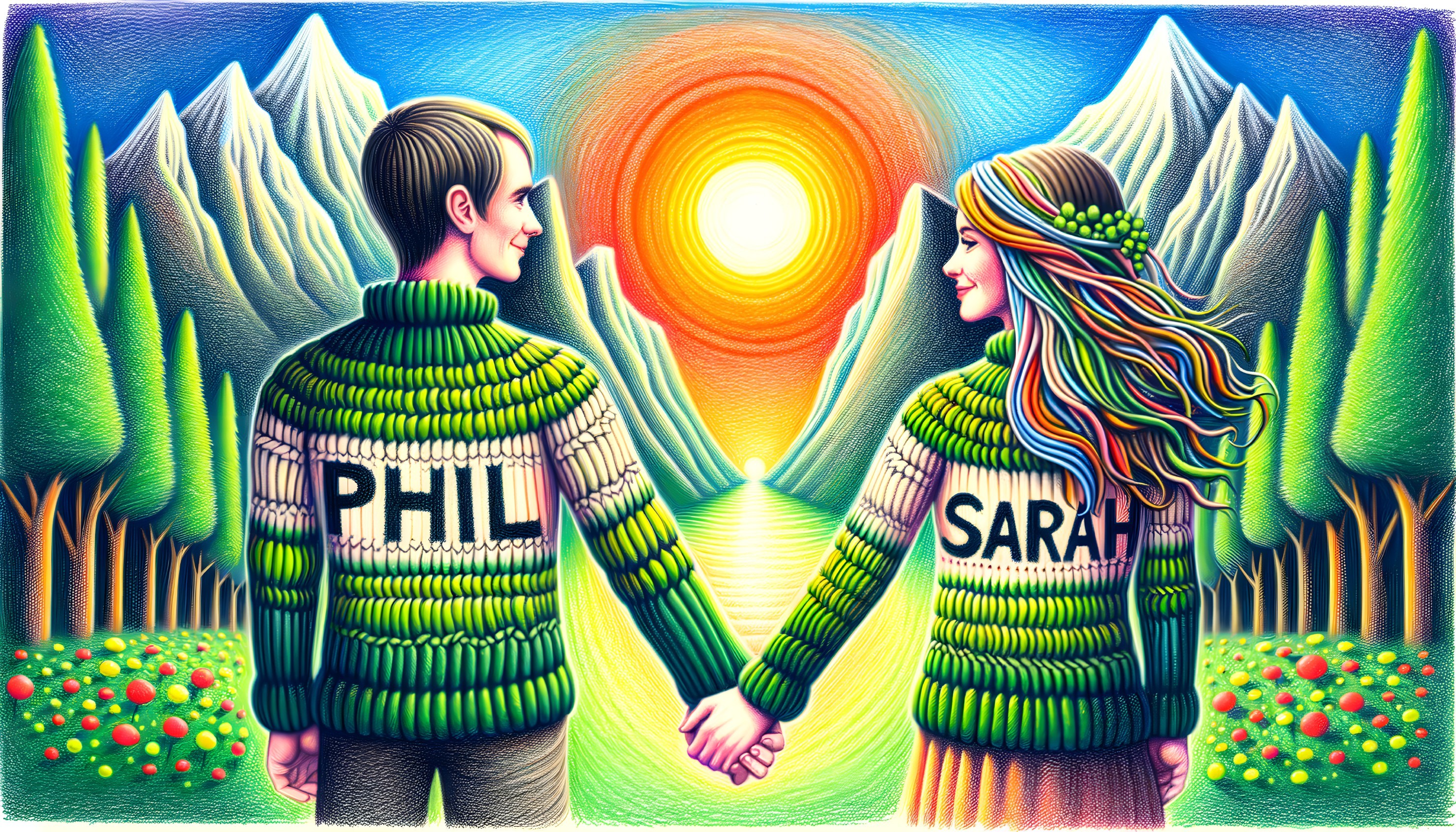 Vibrant surreal landscape with man and woman holding hands in sweaters