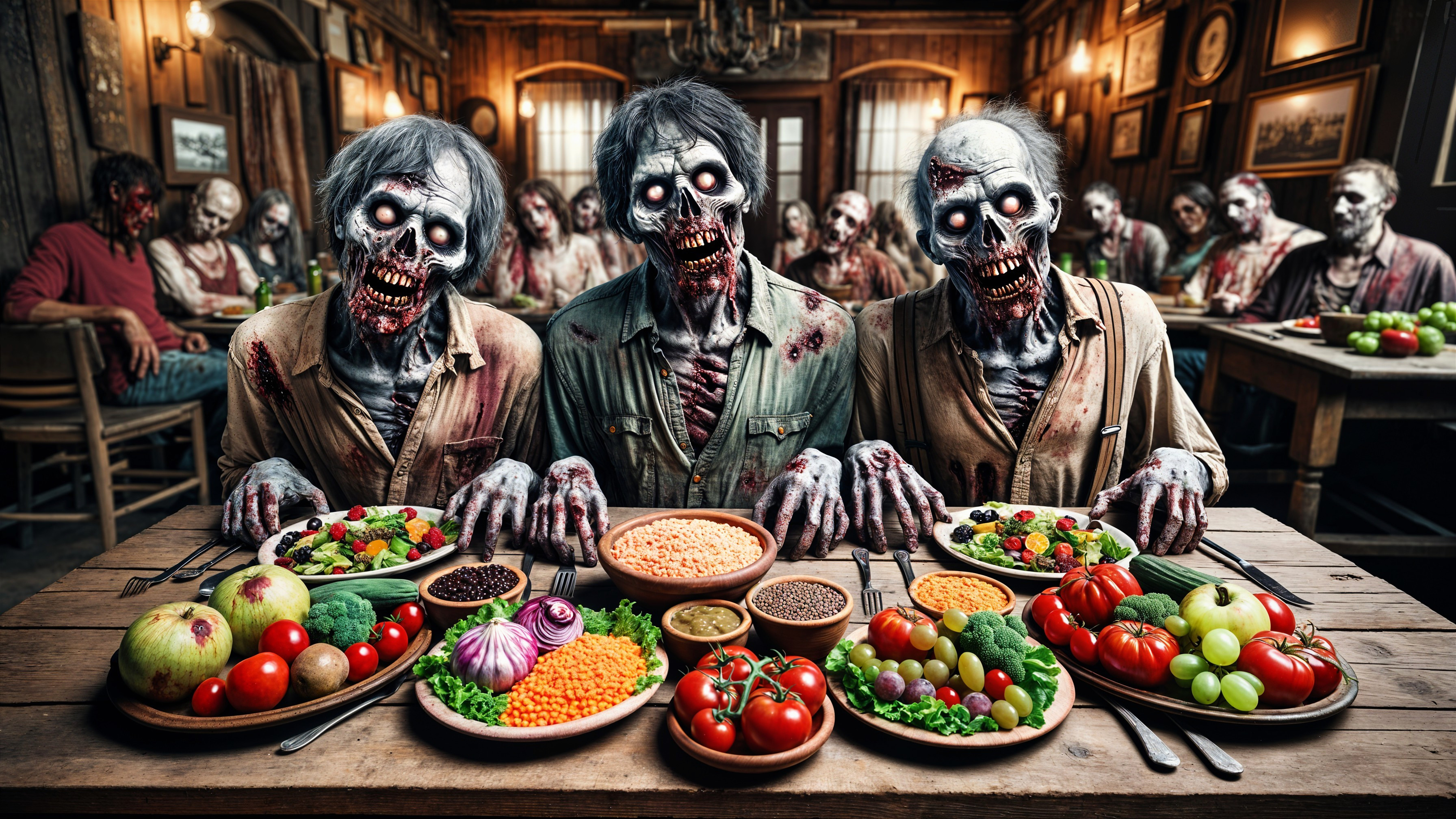 Zombies at a Colorful Dining Table in Rustic Room
