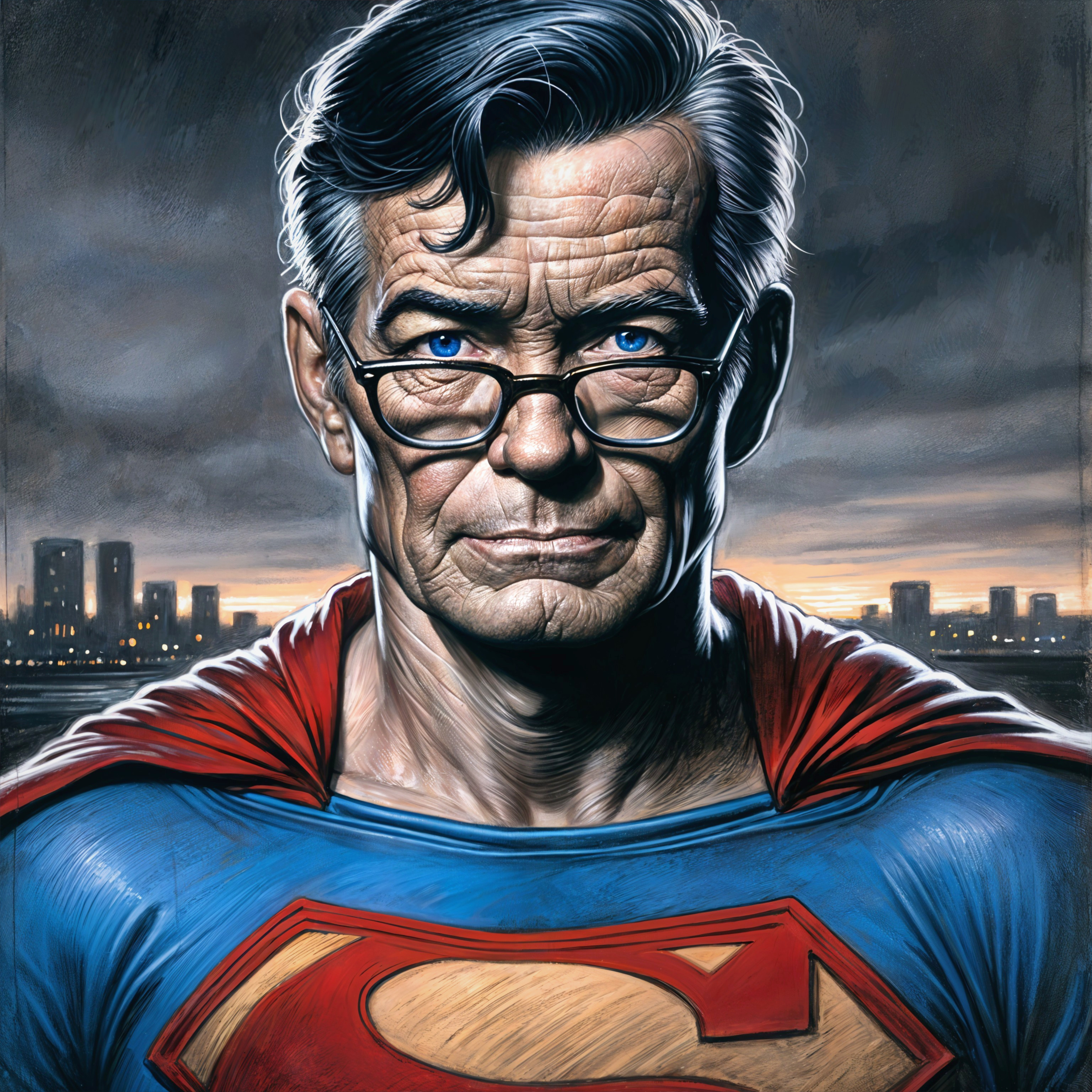 Older superhero in blue and red costume at dusk