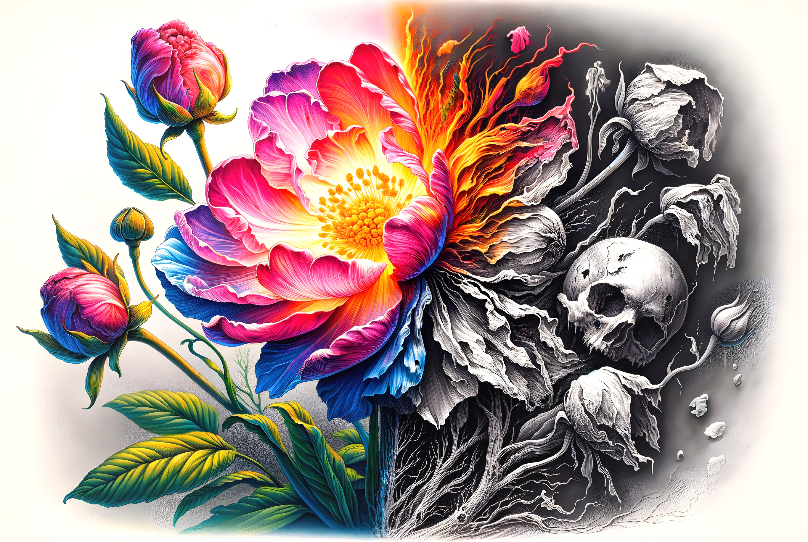 Dual Design of Vibrant Blooms and Dark Skull