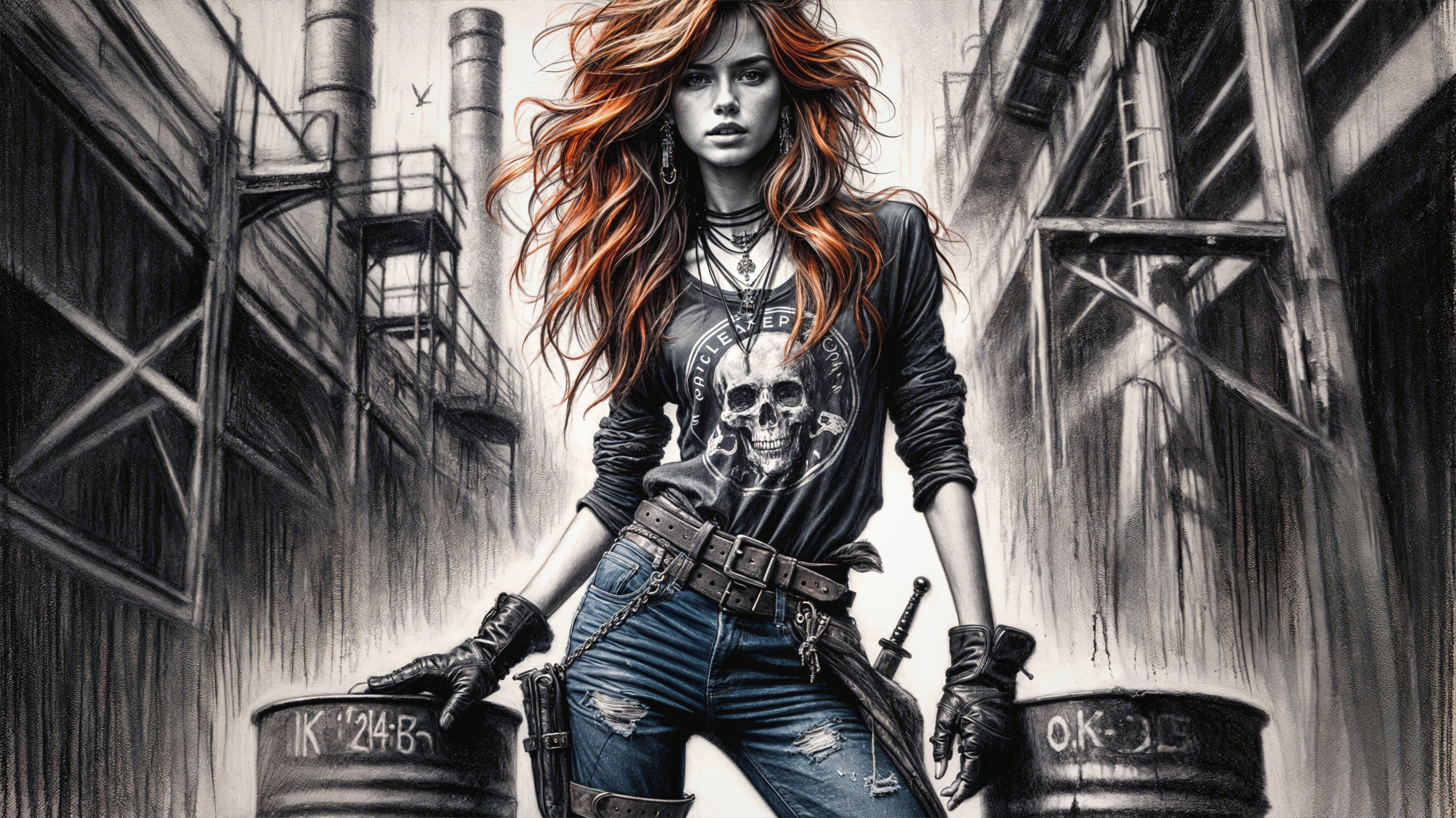 Confident Figure in Industrial Setting with Edgy Style