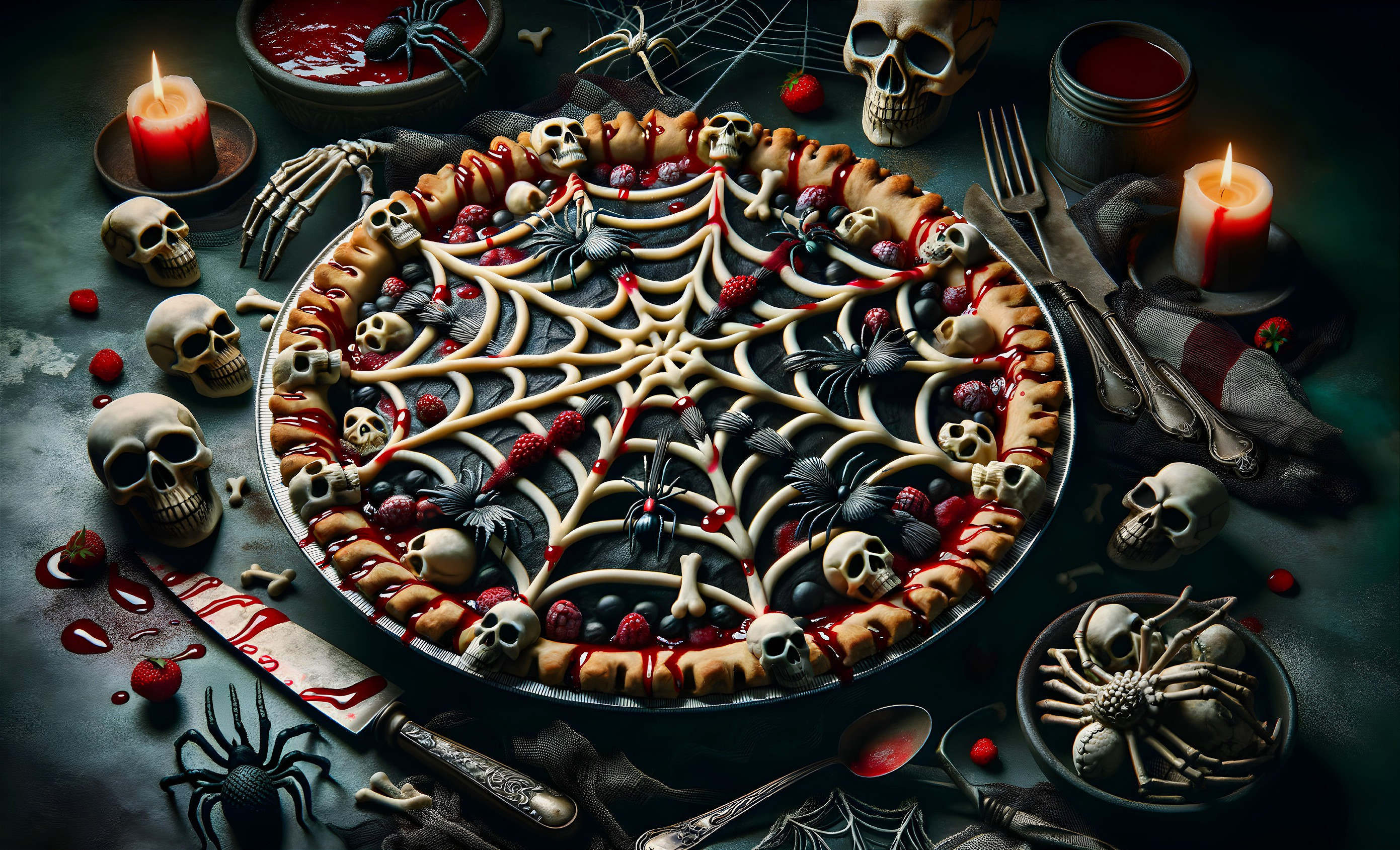 Spooky Halloween Pie with Spider Web Crust and Decor