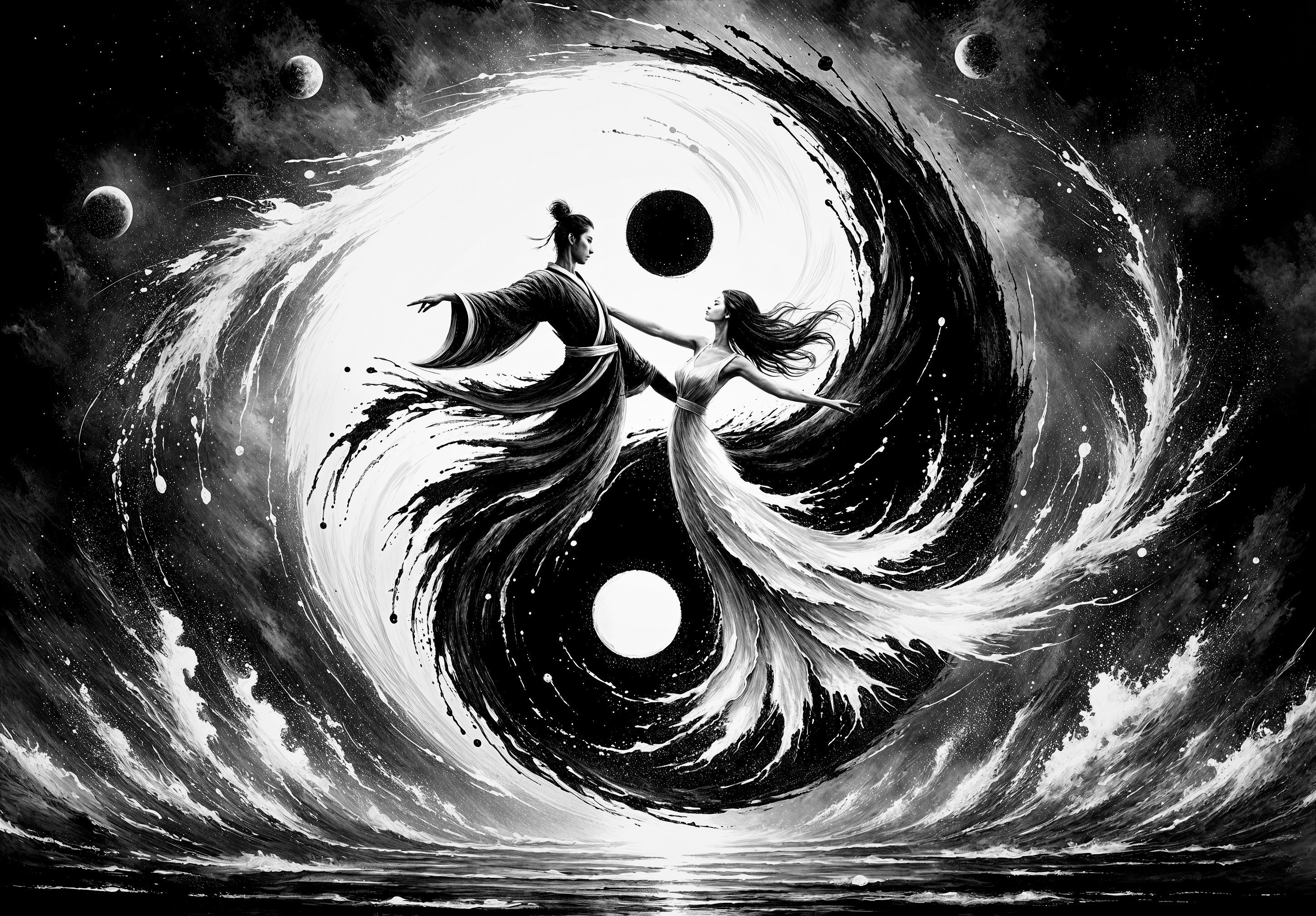 Swirling Black-and-White Design of Harmony and Balance