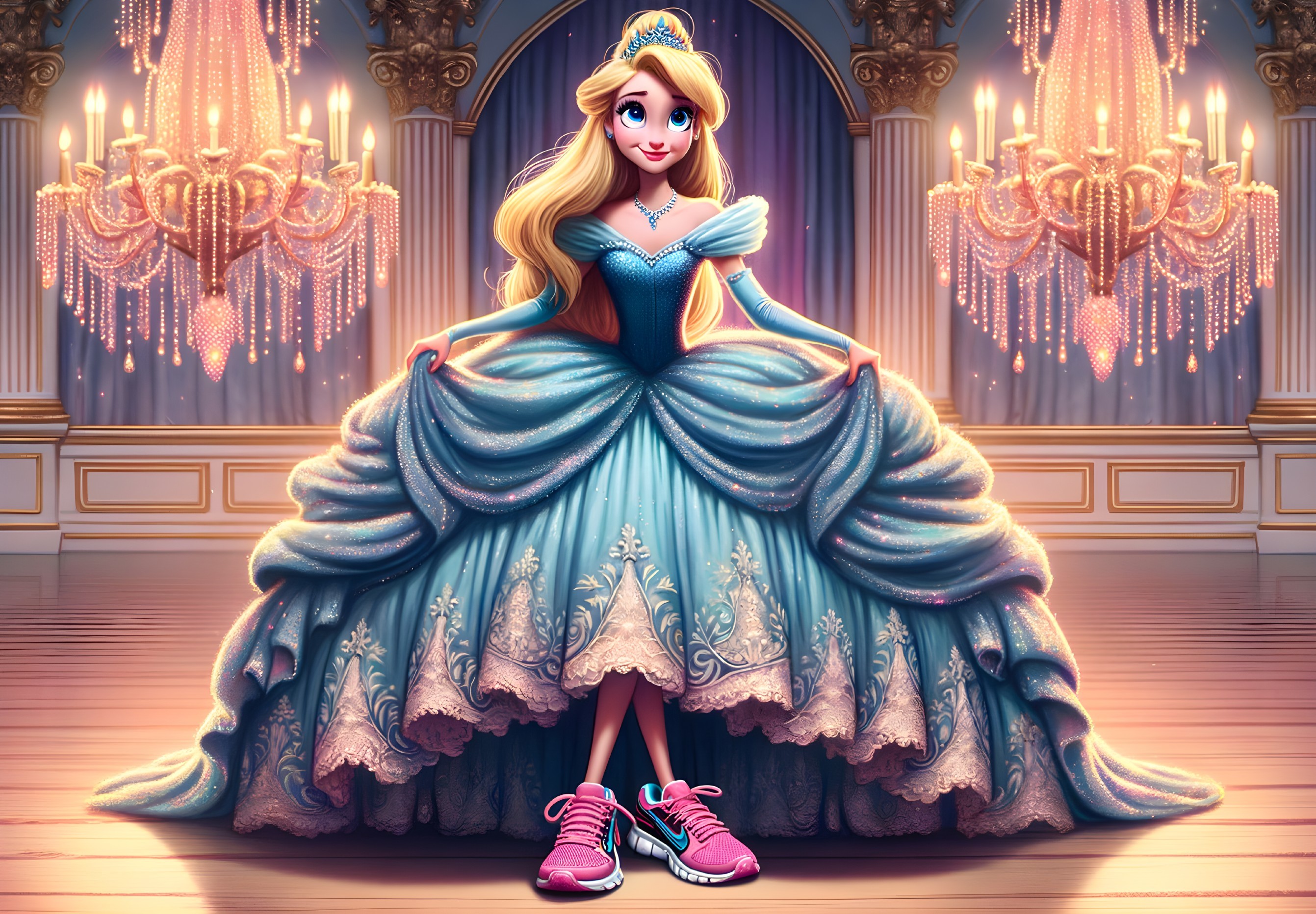 Animated princess in blue gown with sneakers in grand ballroom