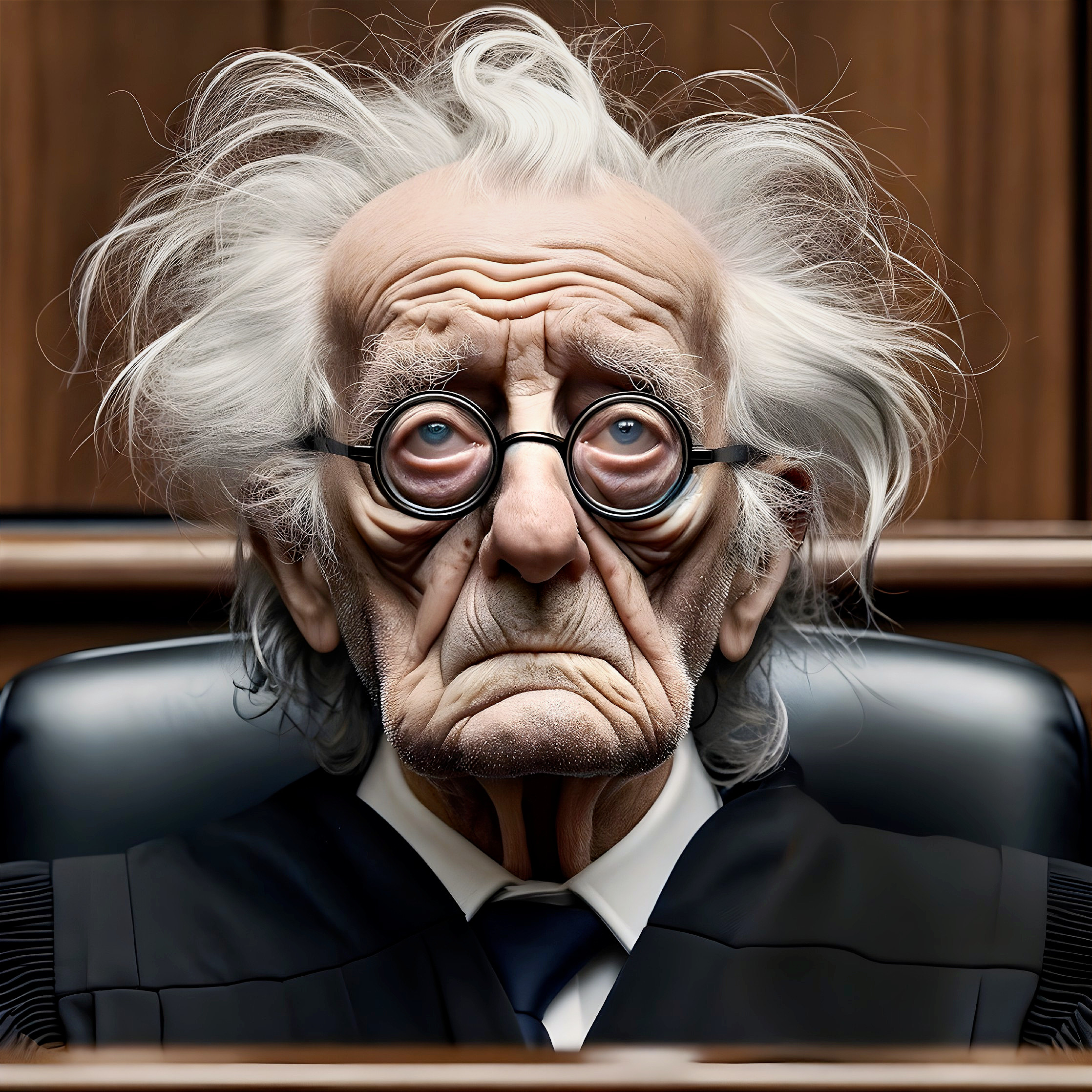 Elderly Judge in Courtroom with Wild White Hair
