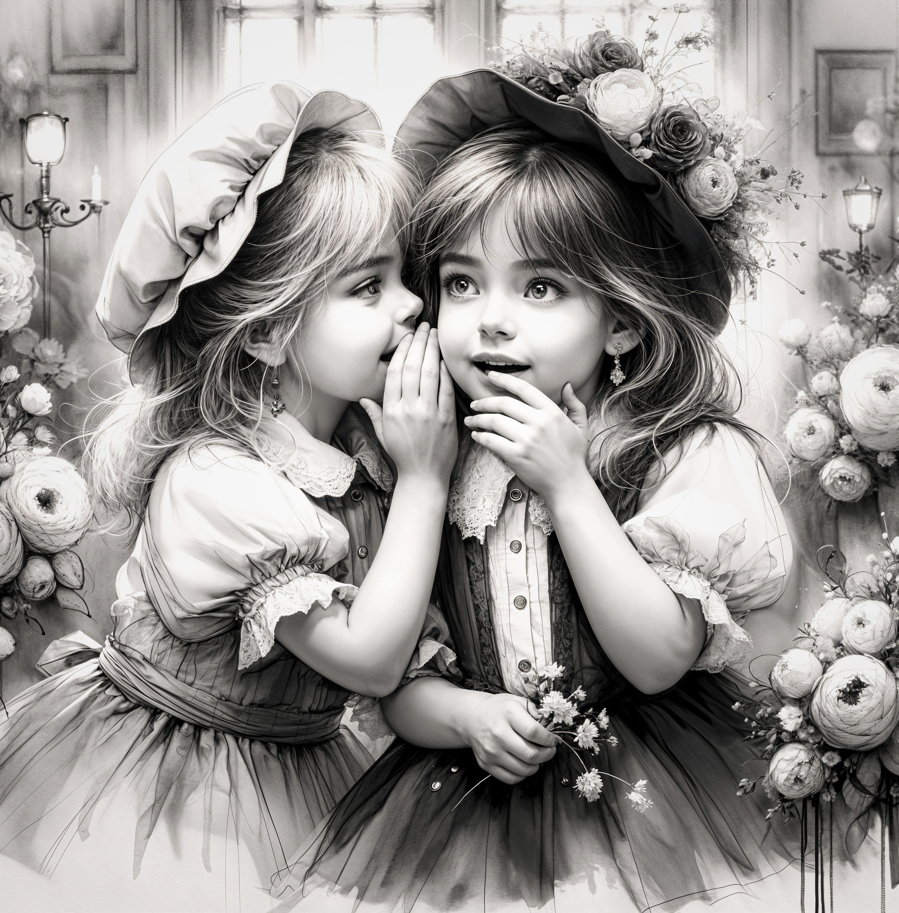 Black-and-white portrait of two girls sharing a secret