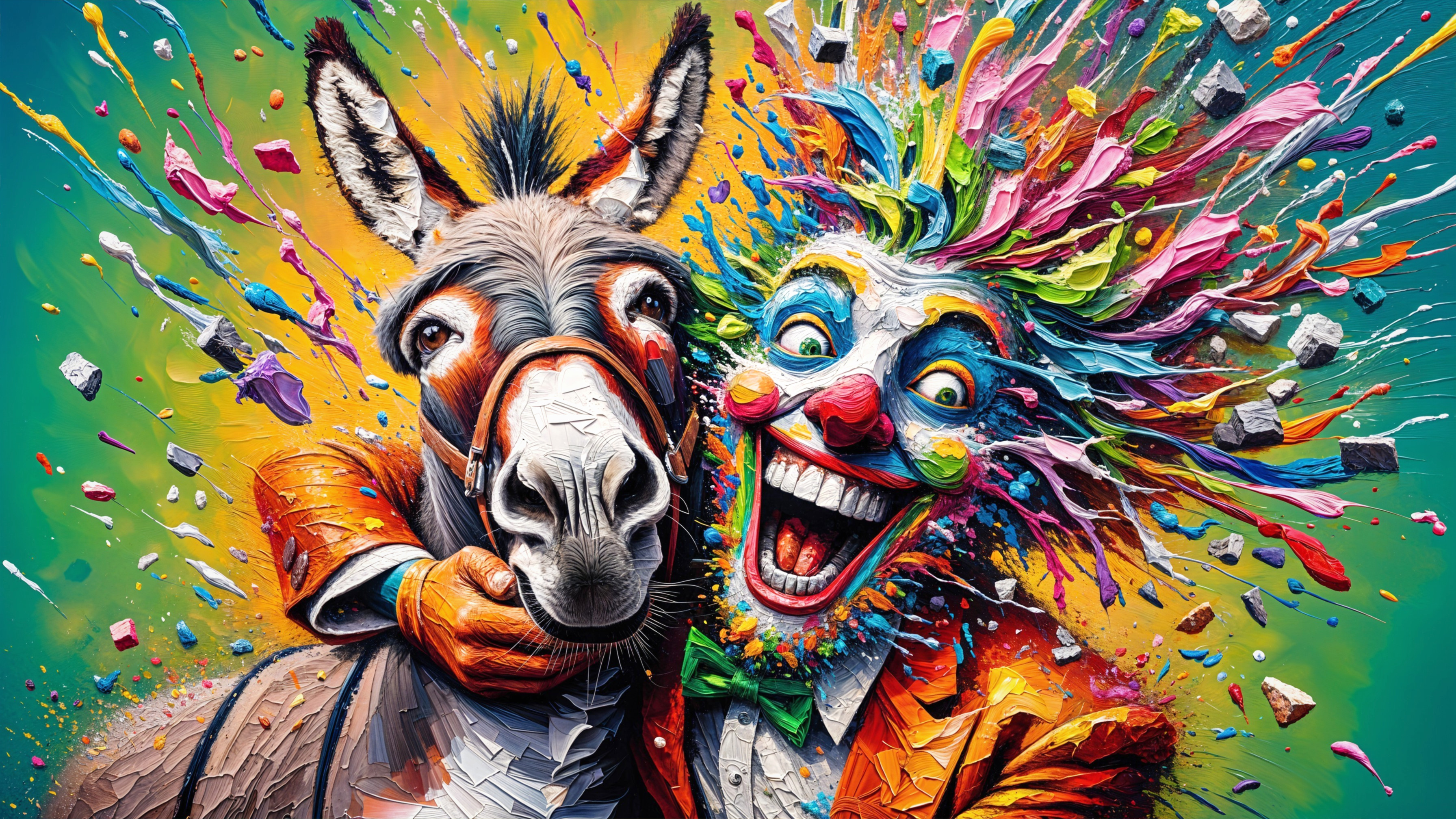 Colorful Clown and Cheerful Donkey in Playful Scene