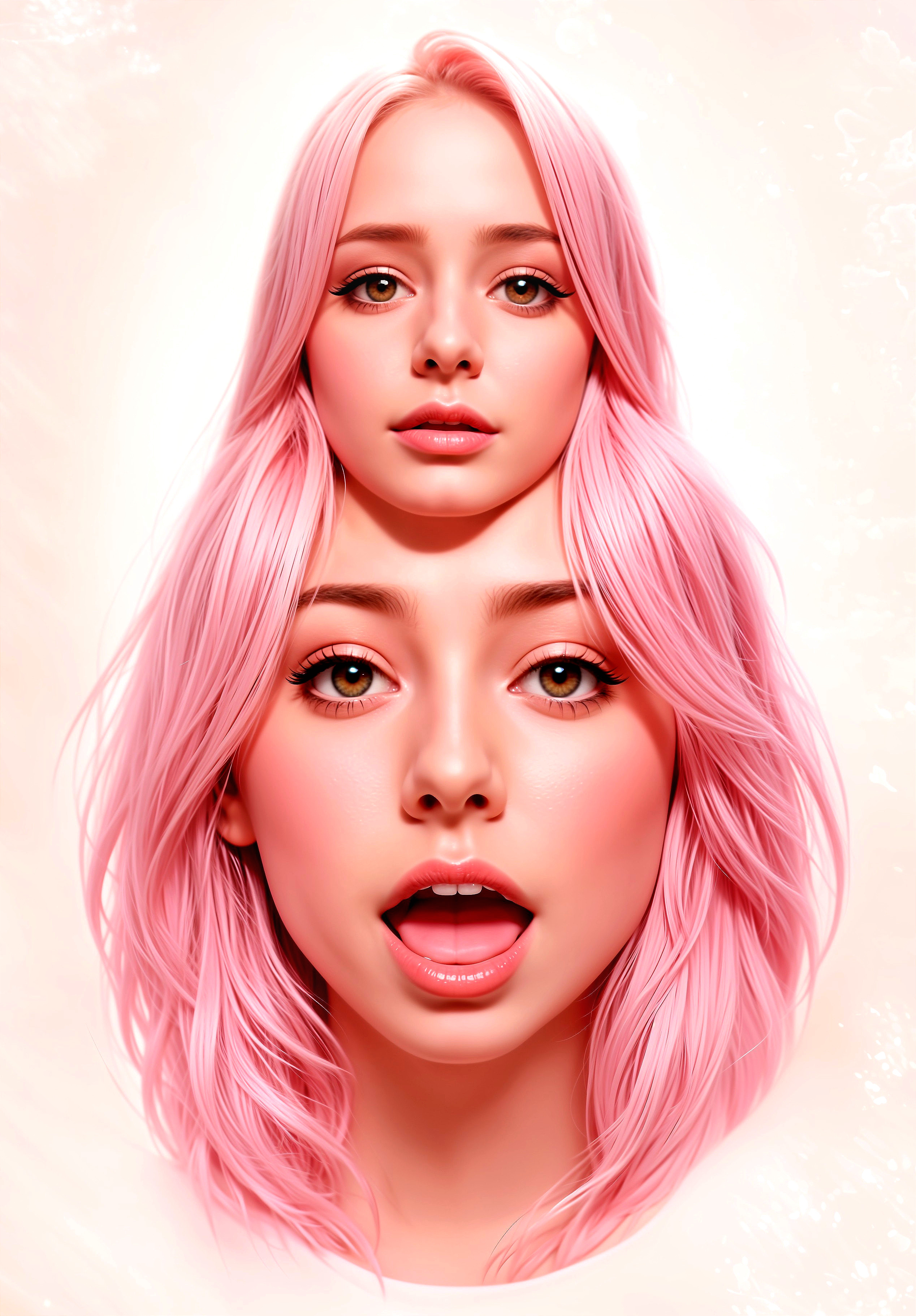 Vertical Composition of Two Female Faces with Pink Hair