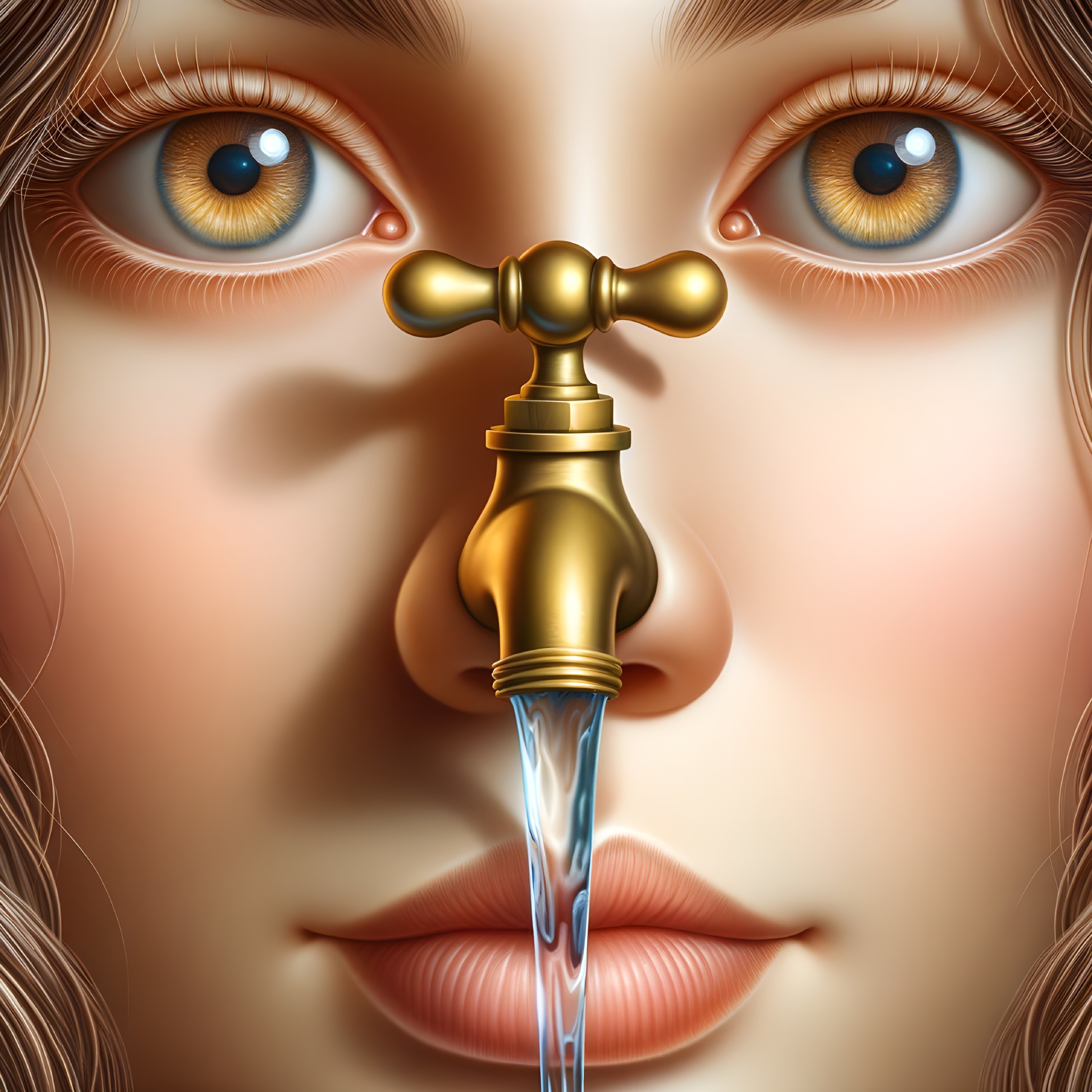 Surrealist Artwork of Woman's Face with Golden Tap Nose