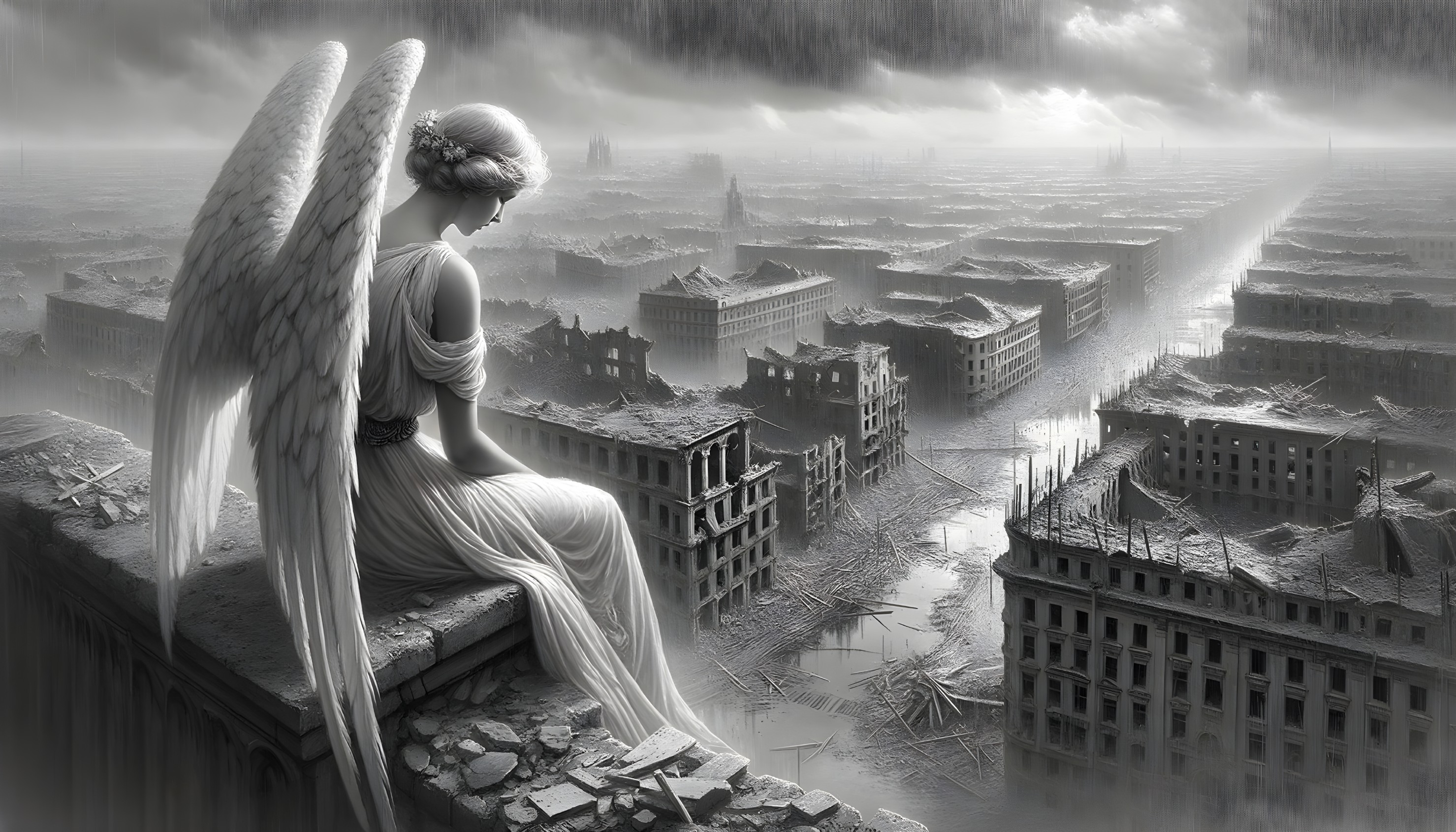 Angel Overlooking Grayscale Cityscape with Flooded Streets