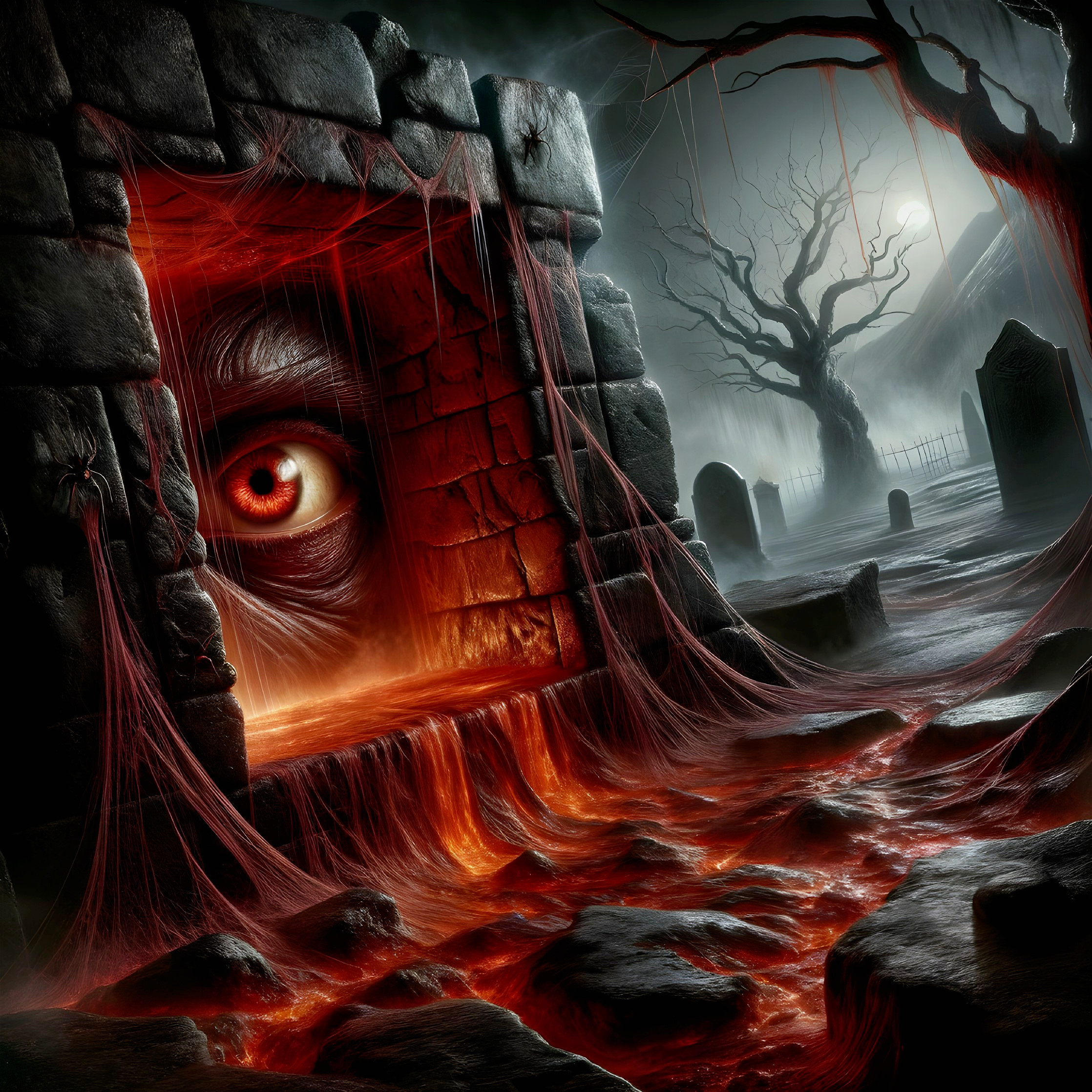 Ominous Landscape with Fiery Portal and Graves