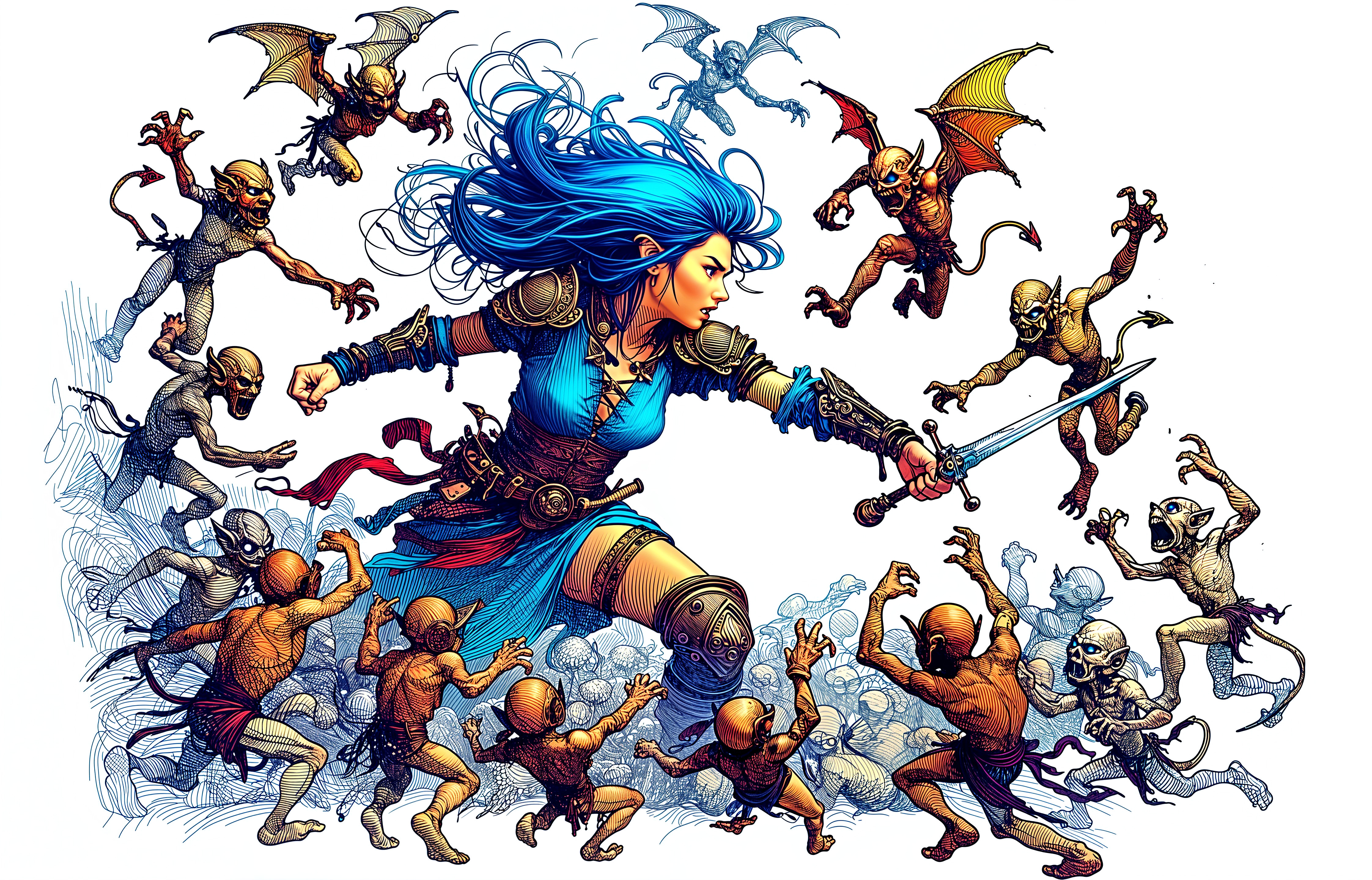Warrior with Blue Hair Battling Creatures and Dragons