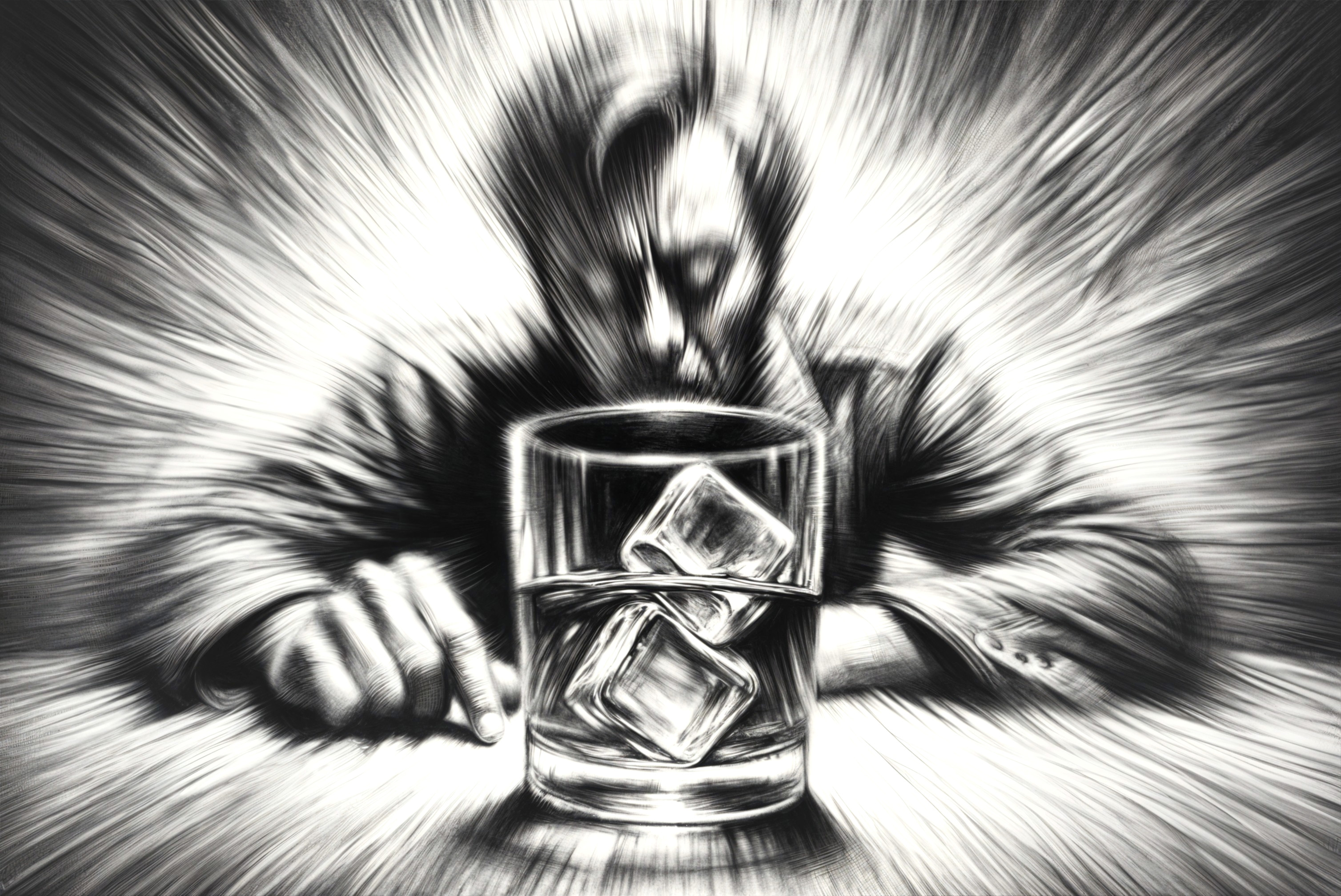 Somber Figure Seated with Glass Tumbler and Ice