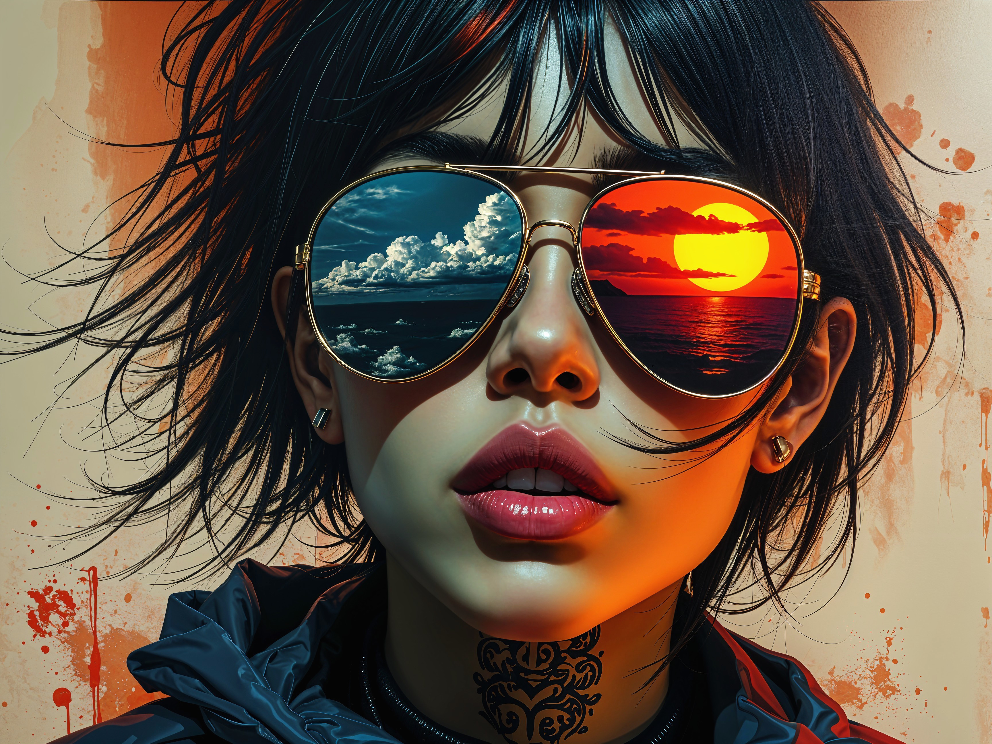 Young woman with tattoos and reflective sunglasses