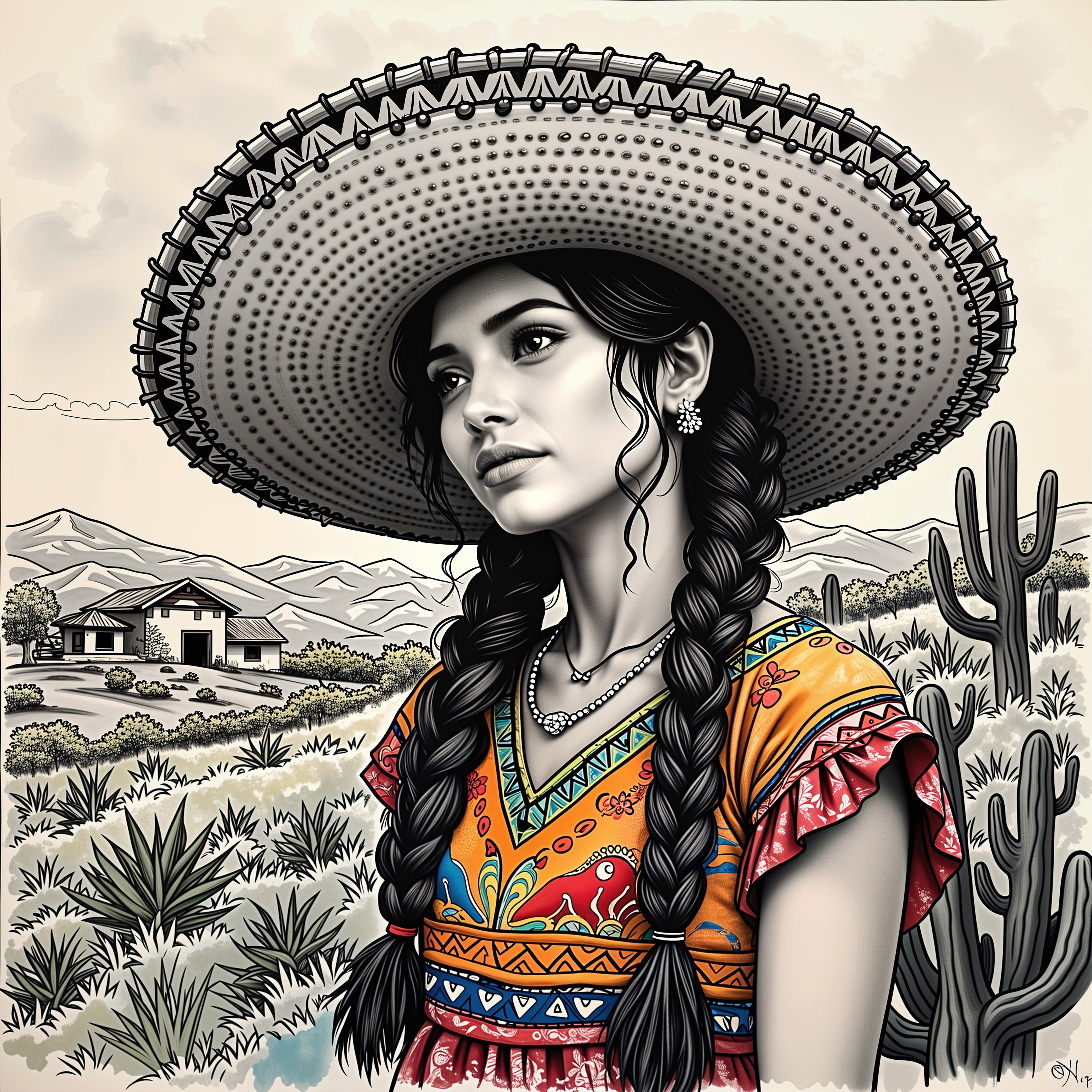 Young Woman in Vibrant Dress Against Desert Landscape