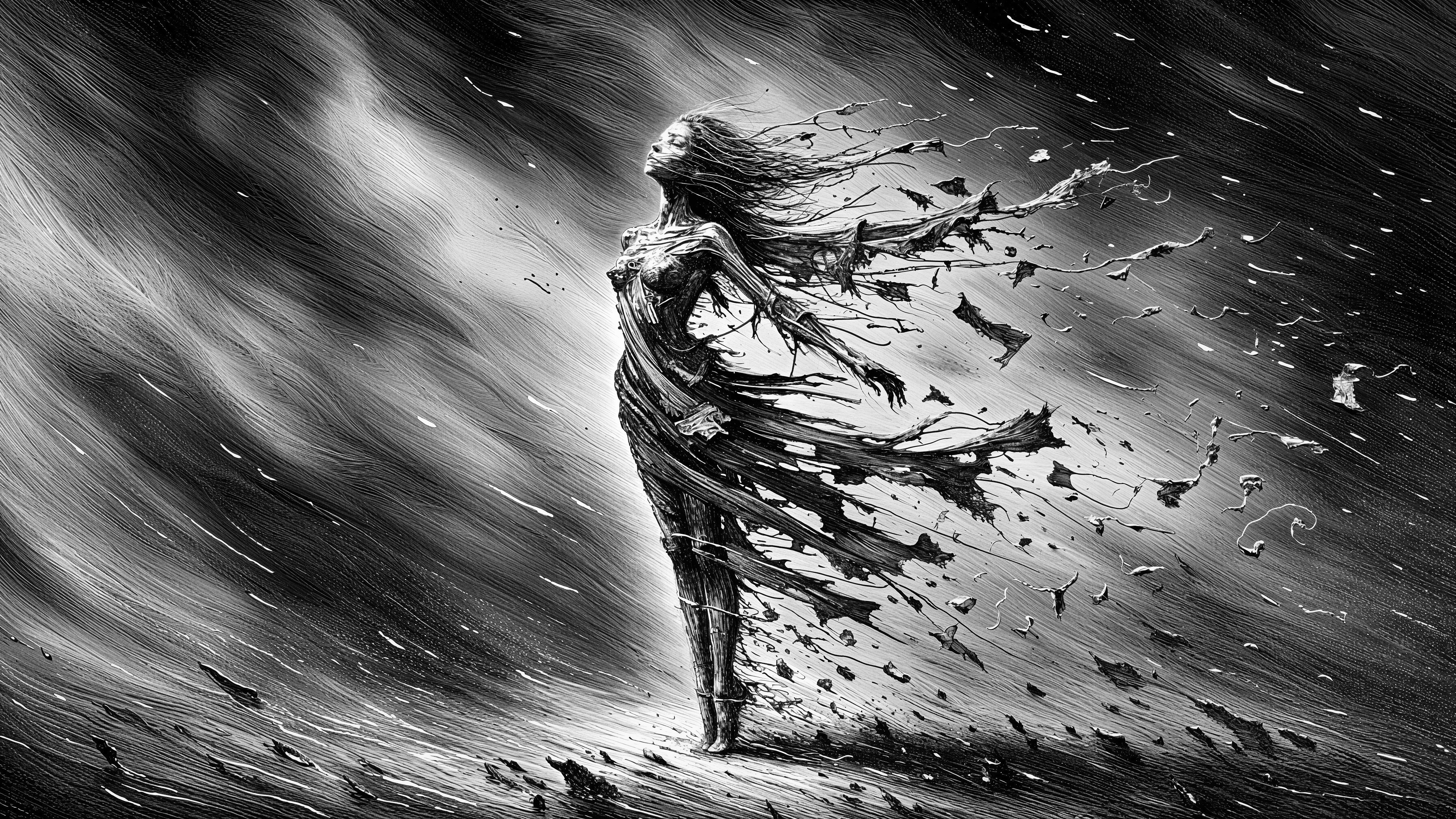 Monochrome Illustration of a Resilient Woman in Wind
