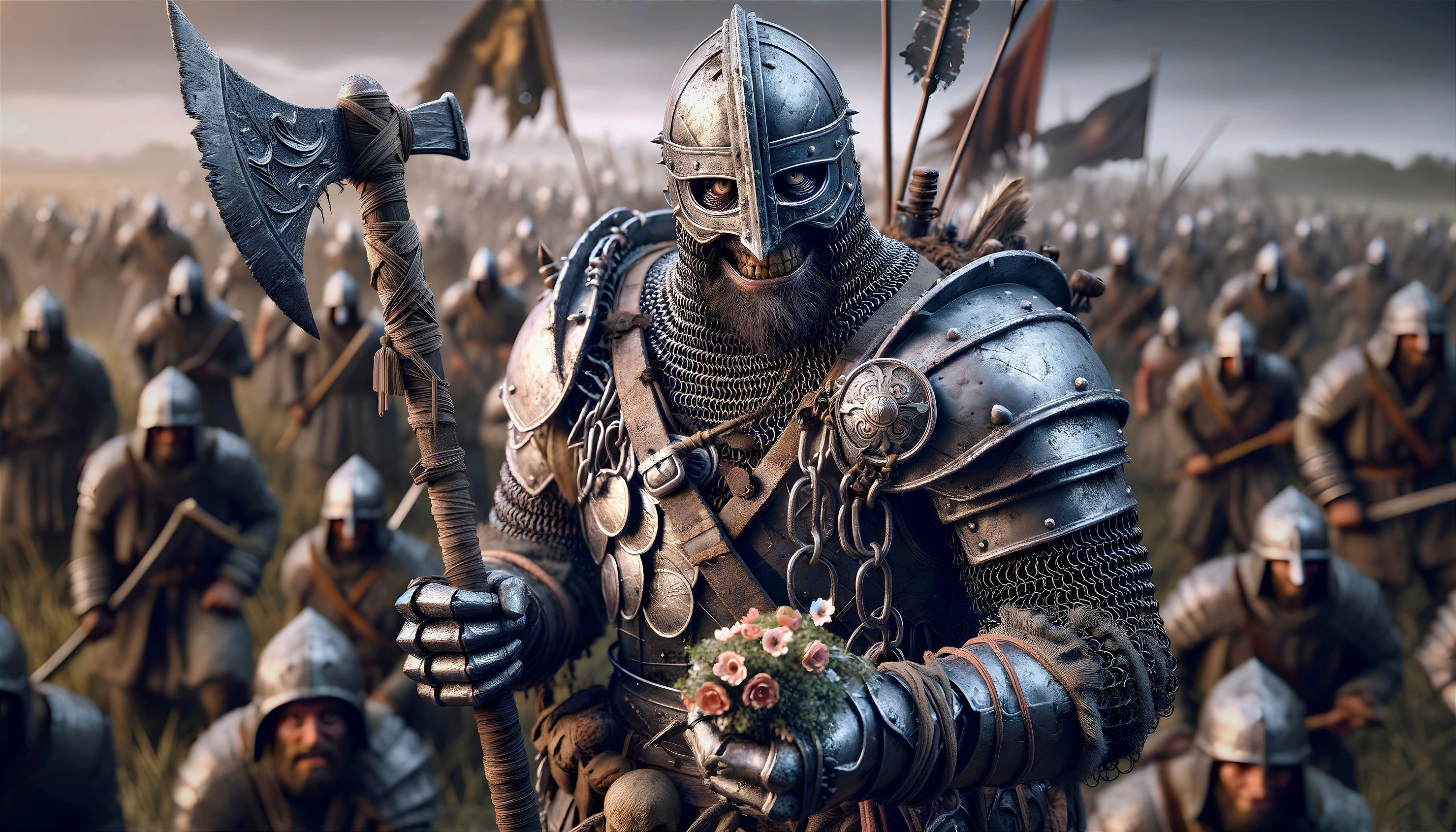 Armored Warrior with Axe and Flowers in Battle Scene
