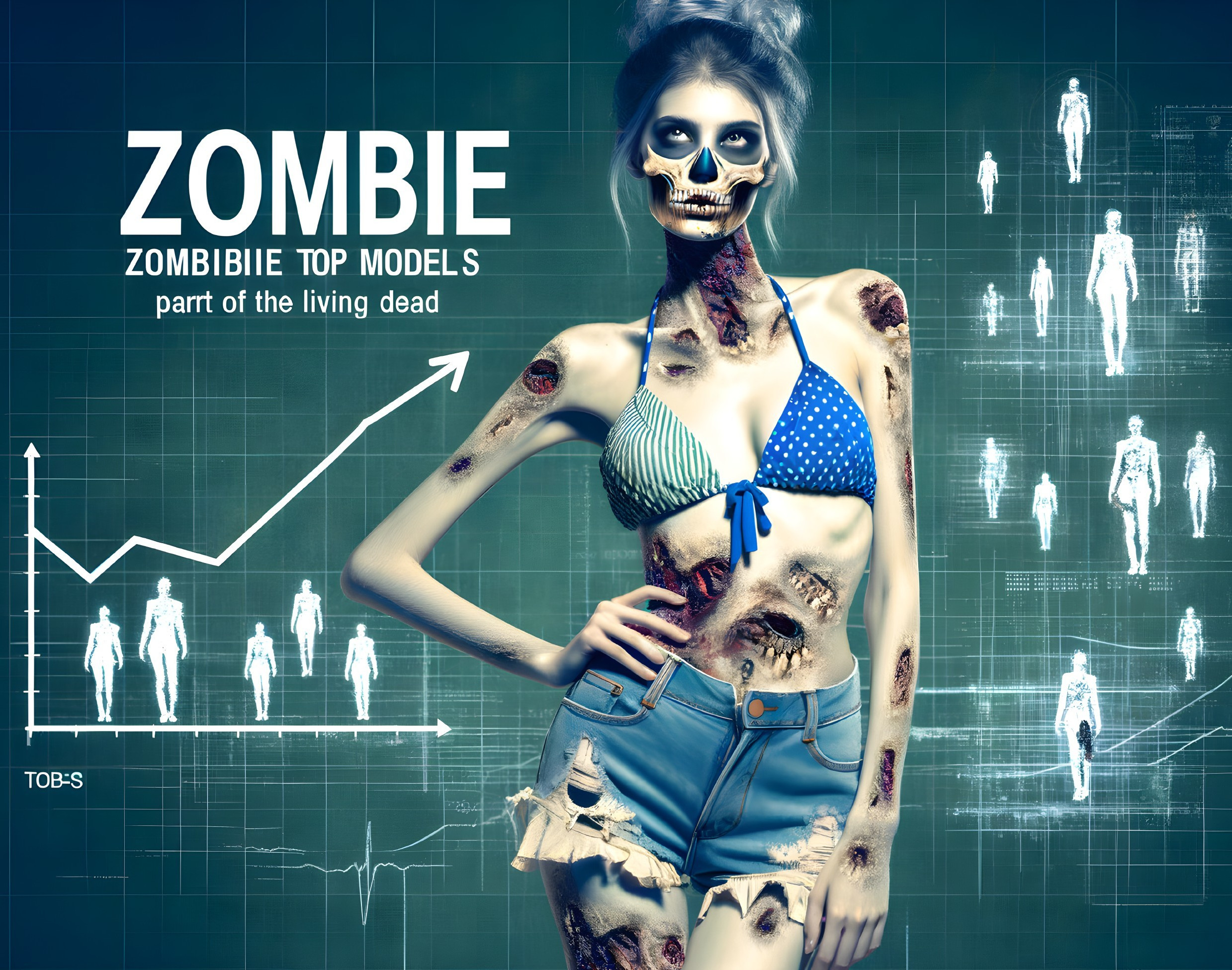 Female model in blue bikini with zombie makeup on digital background