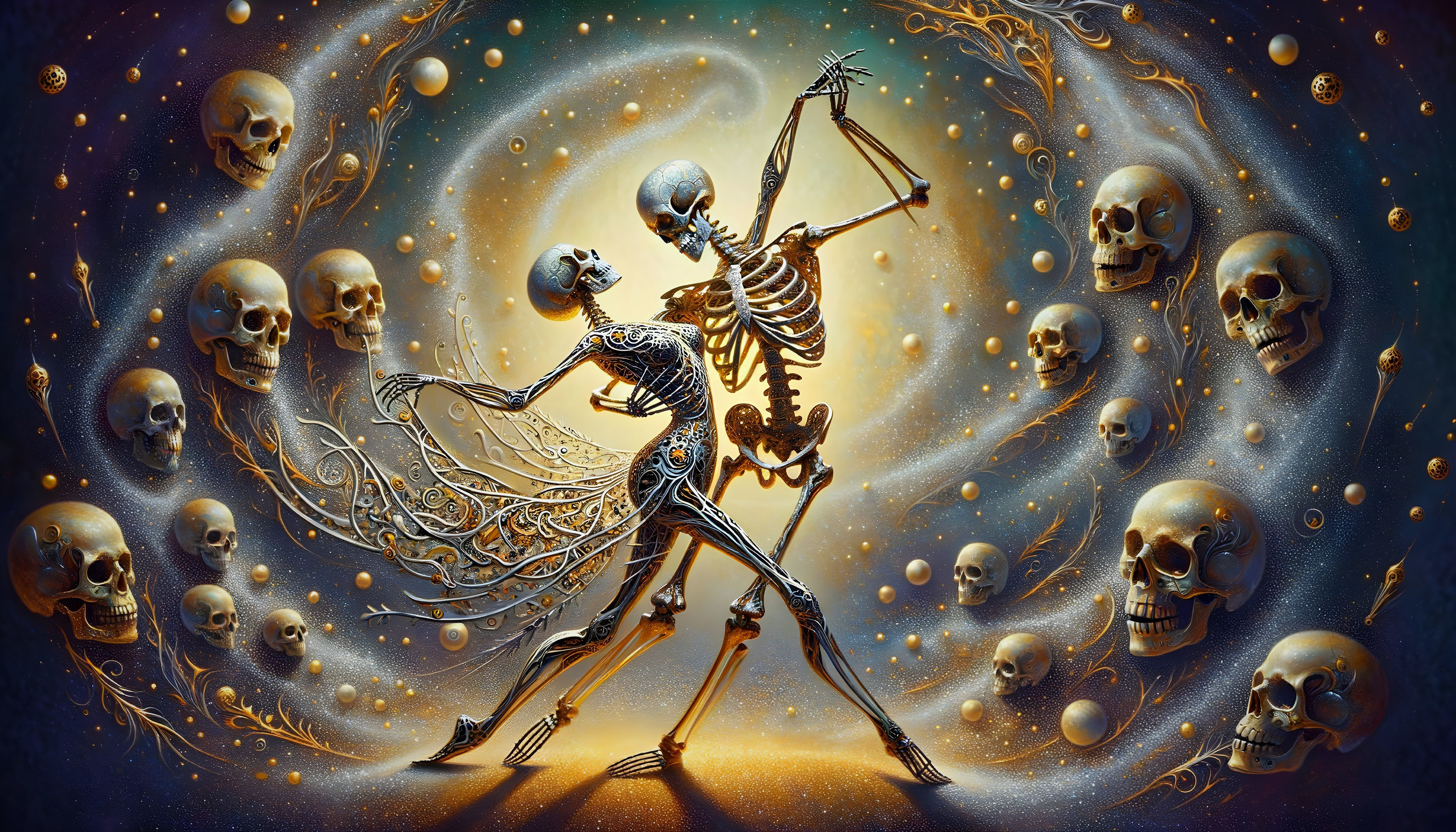 Surreal Dance of Skeletons in Cosmic Backdrop
