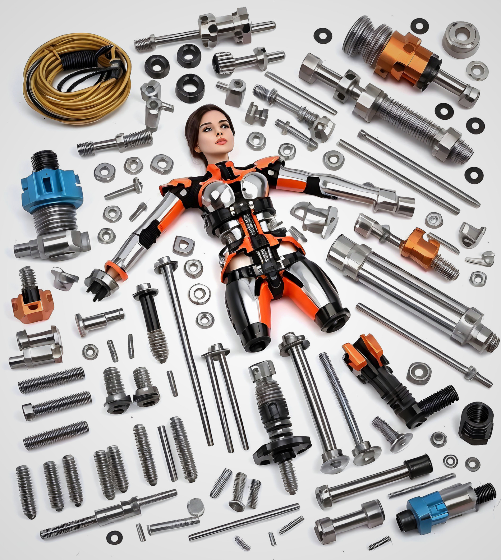 Humanoid Figure in Orange Suit Surrounded by Mechanical Parts