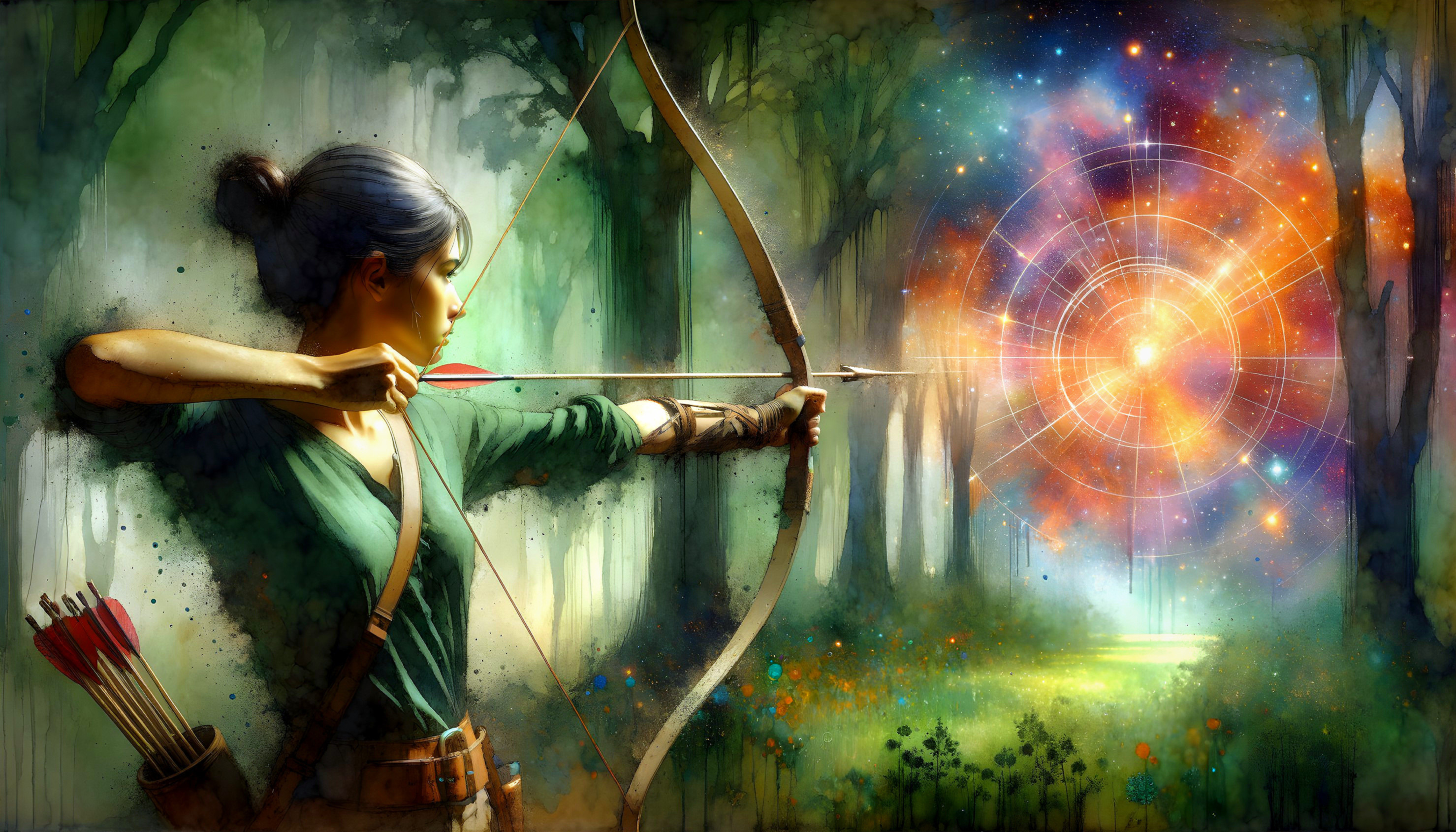 Archer in Vibrant Forest with Cosmic Portal Background