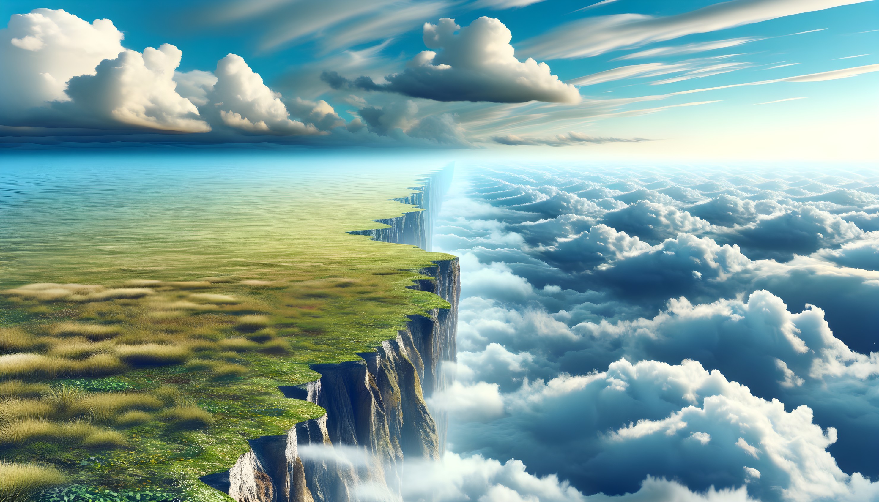 Dramatic Cliff Edge Overlooking Lush Grasslands and Clouds