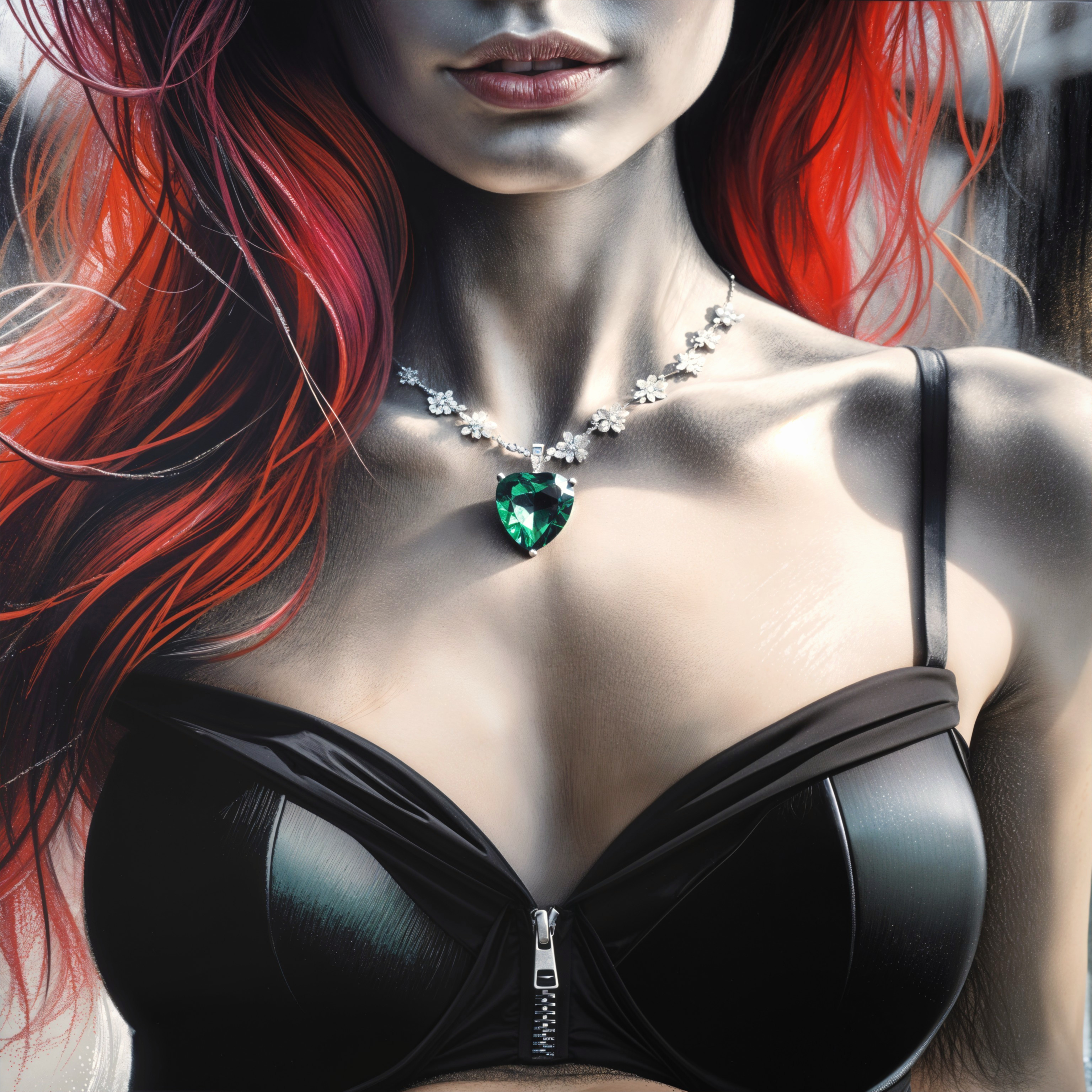 Close-up of a woman with red hair and black bra
