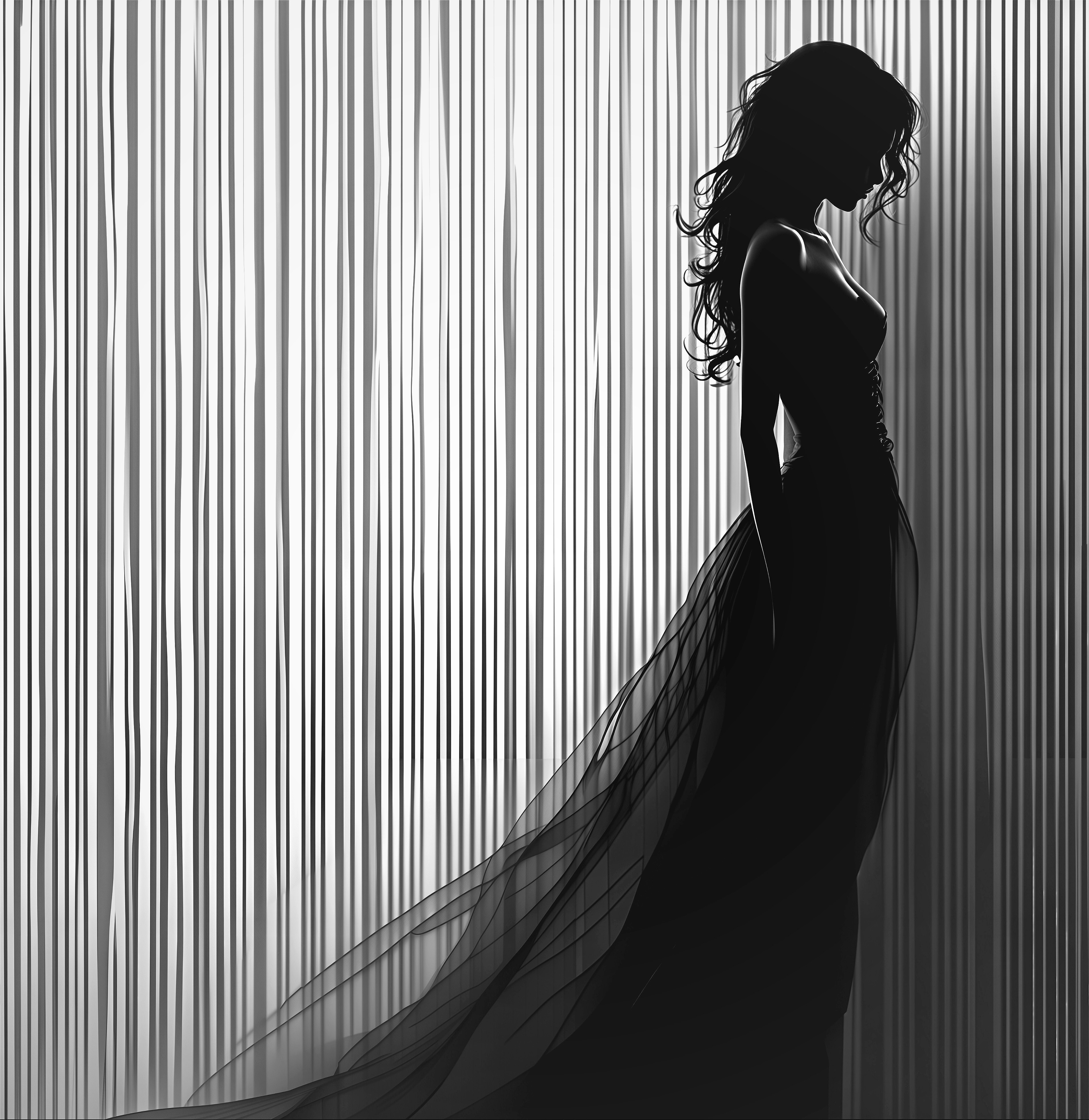 Silhouette of a Woman in Elegant Gown with Vertical Lines