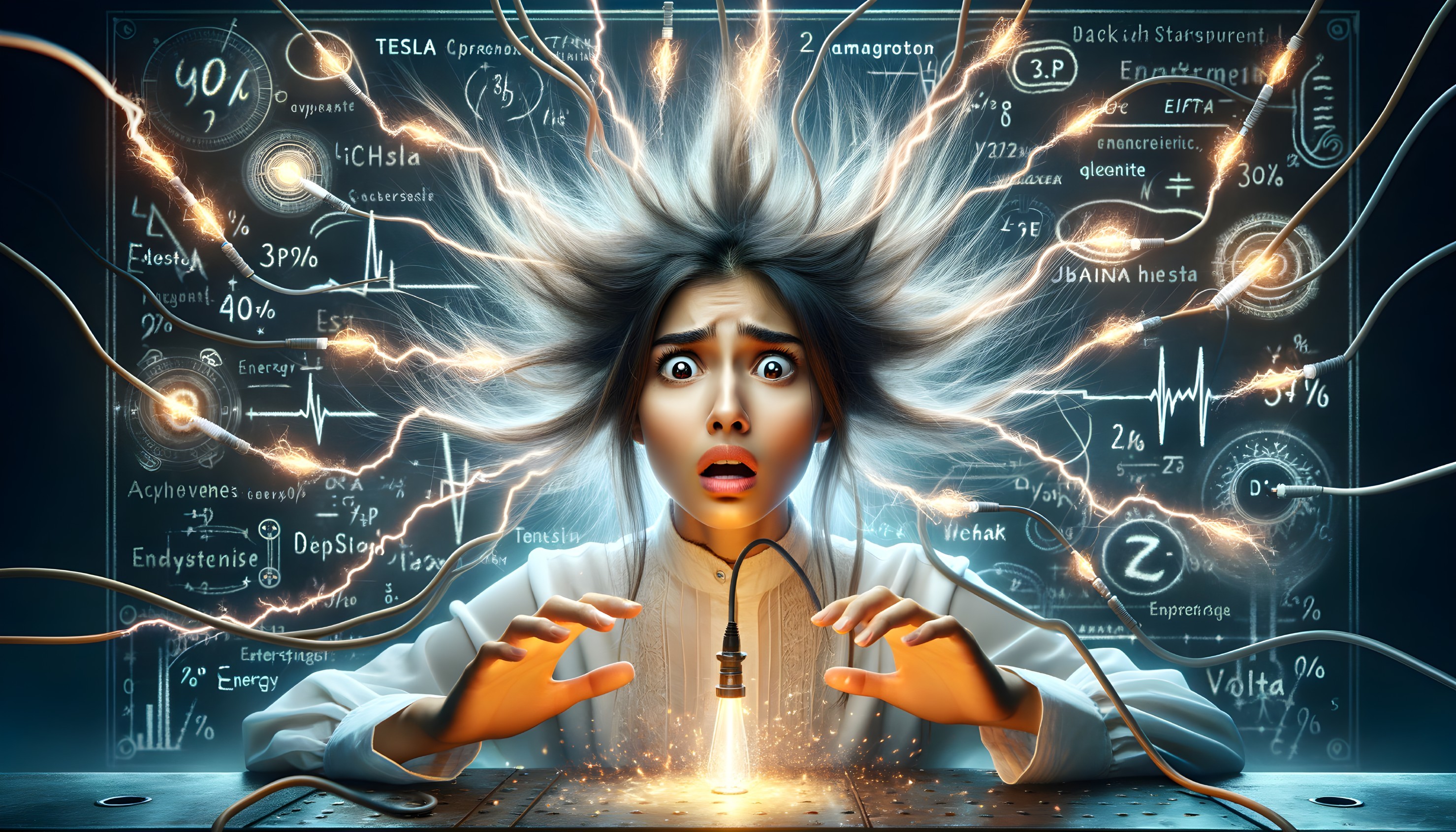 Wide-eyed person surrounded by scientific symbols and equations.