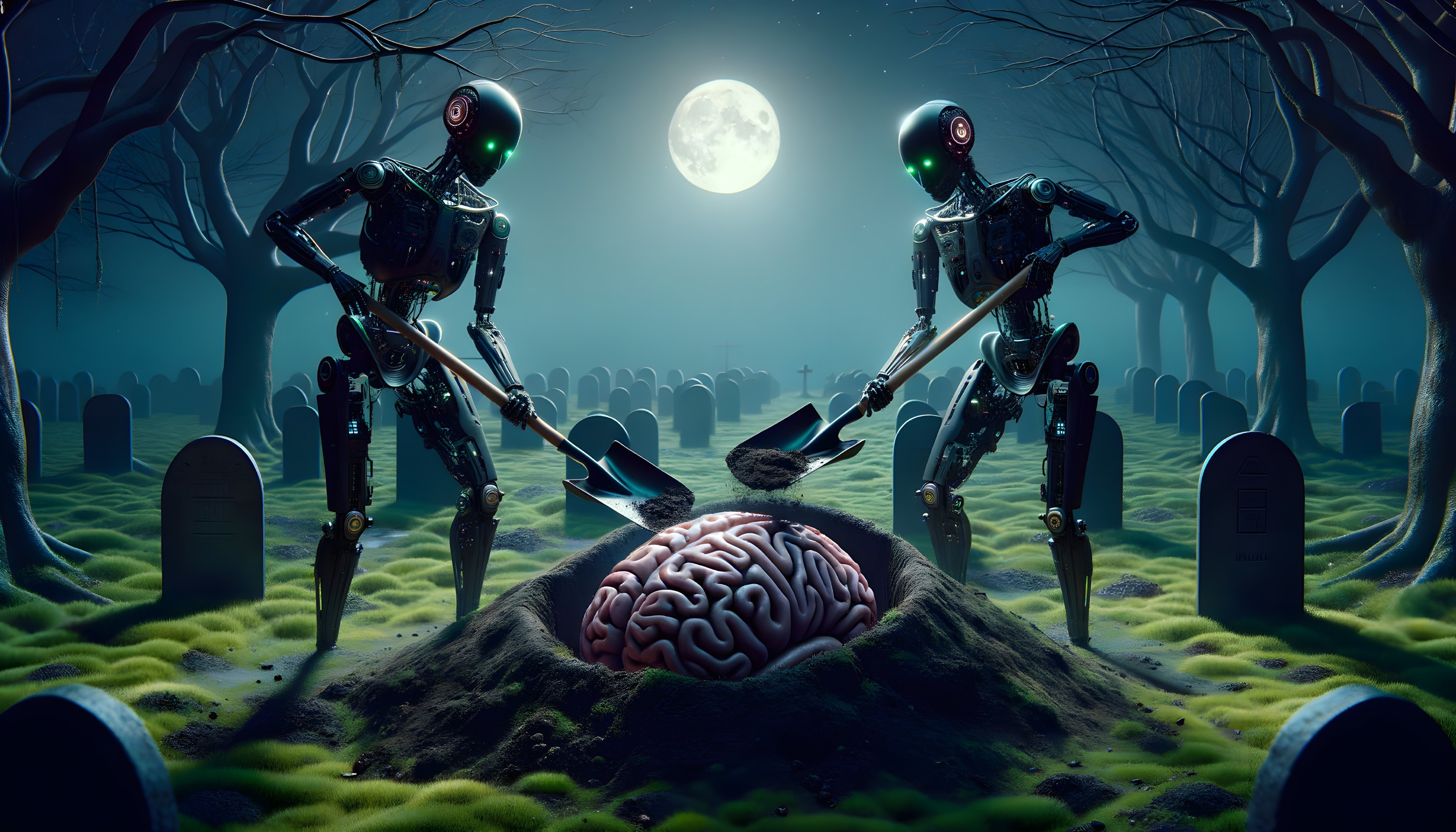 Futuristic Robots Digging in a Dim Graveyard Scene