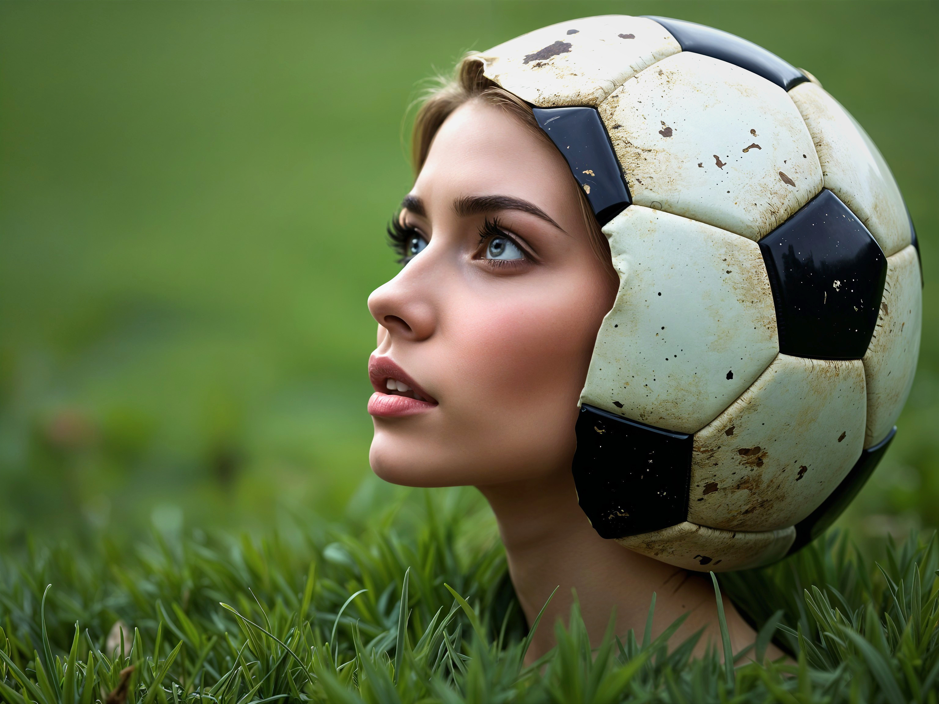 Young woman in grass with soccer ball headpiece
