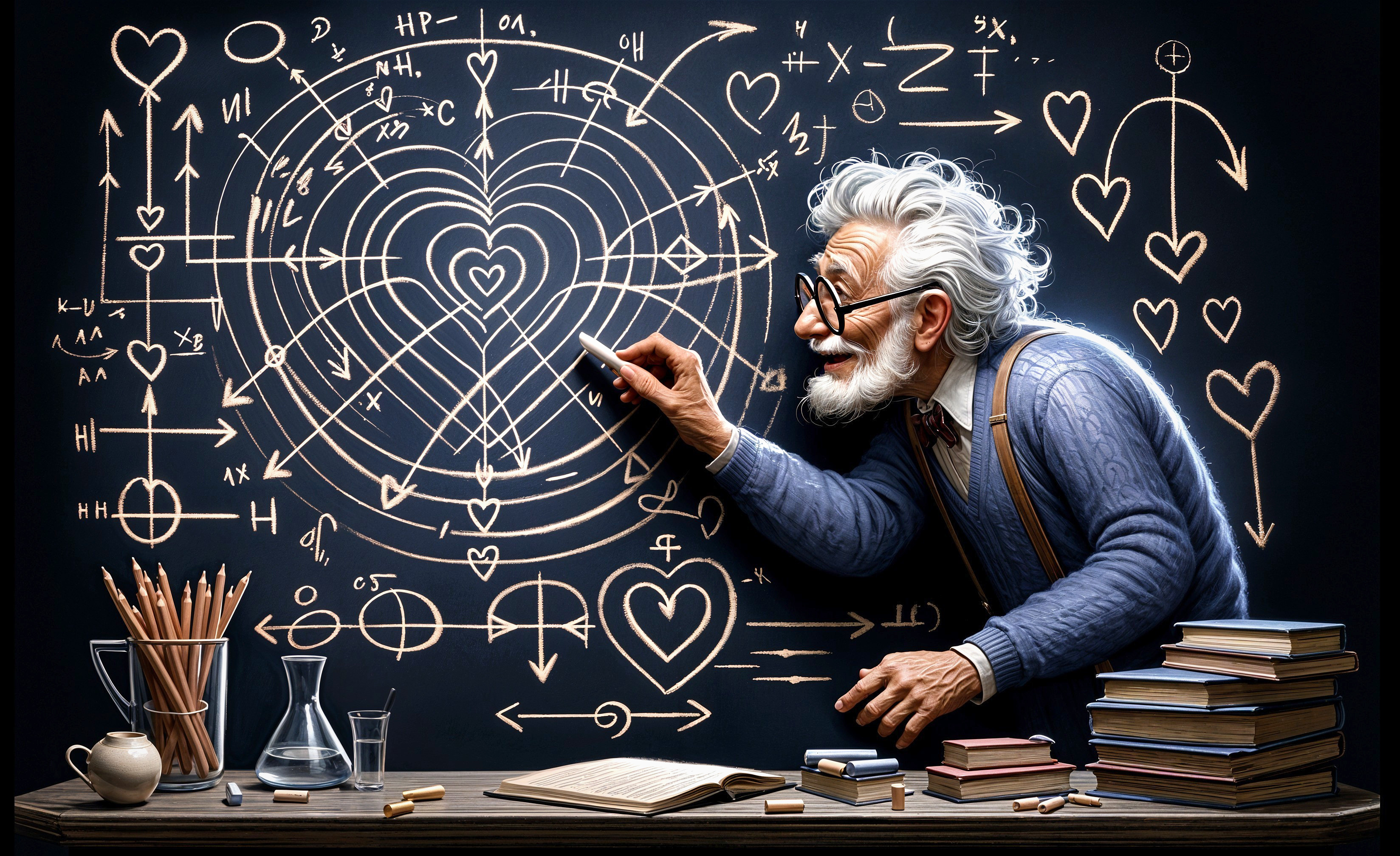 Elderly Scientist Blends Love and Science on Chalkboard