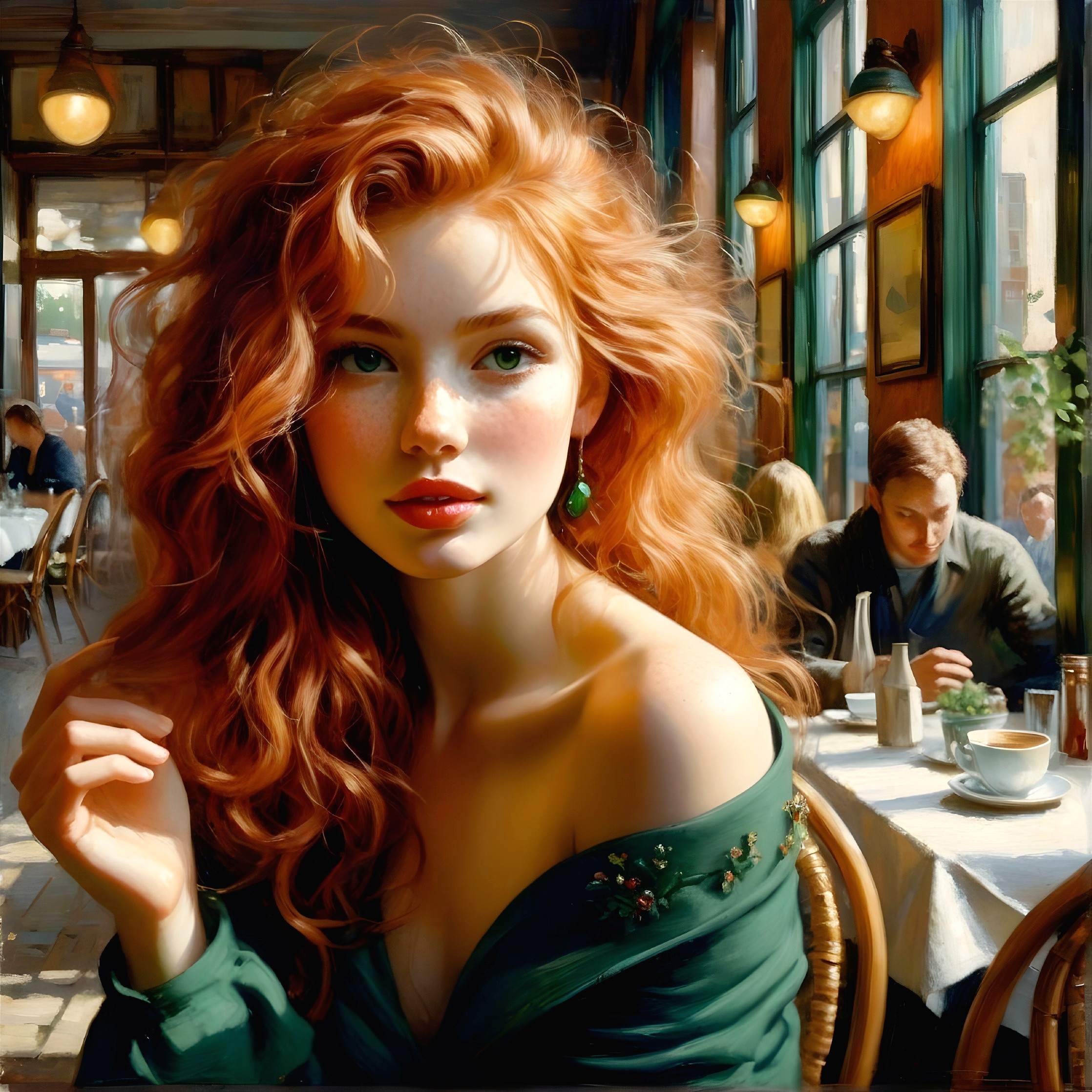 Young woman with red hair in café setting