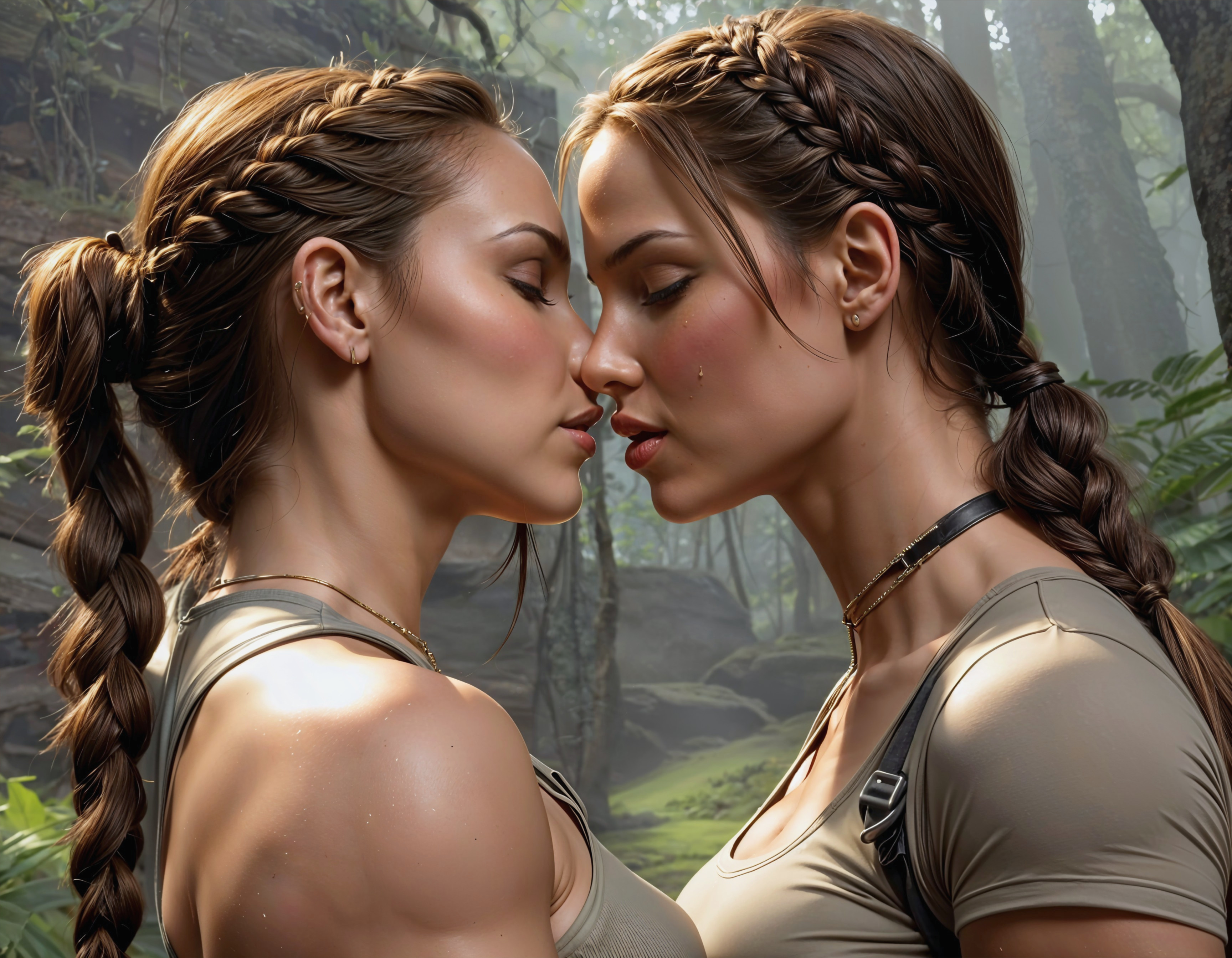 Women with Braided Hairstyles in Forest Setting