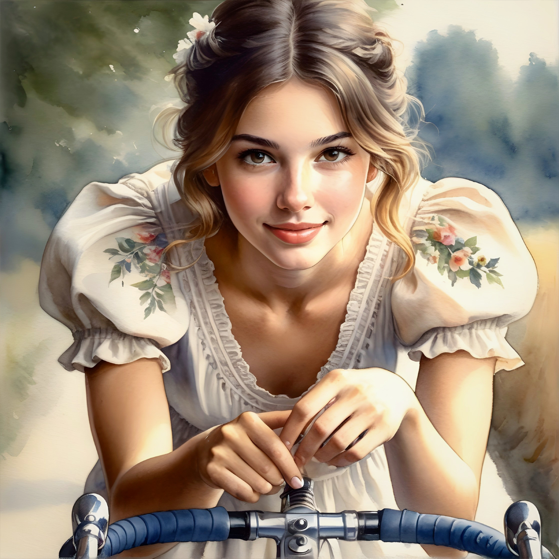 Young woman in floral dress with bicycle outdoors