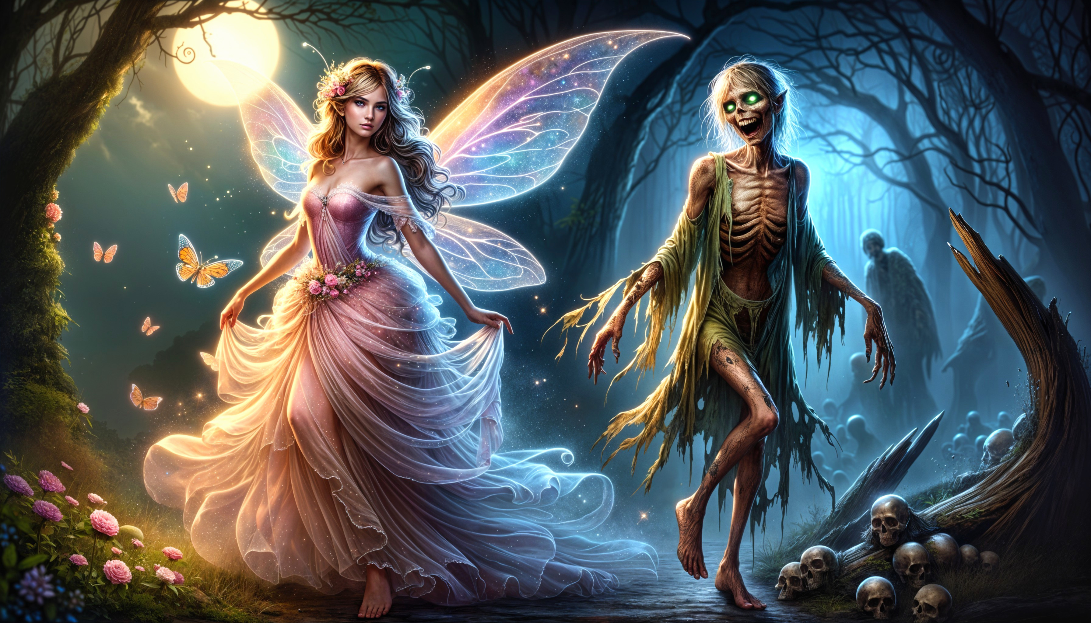 Fairy and Skeletal Figure in Enchanted Forest Scene