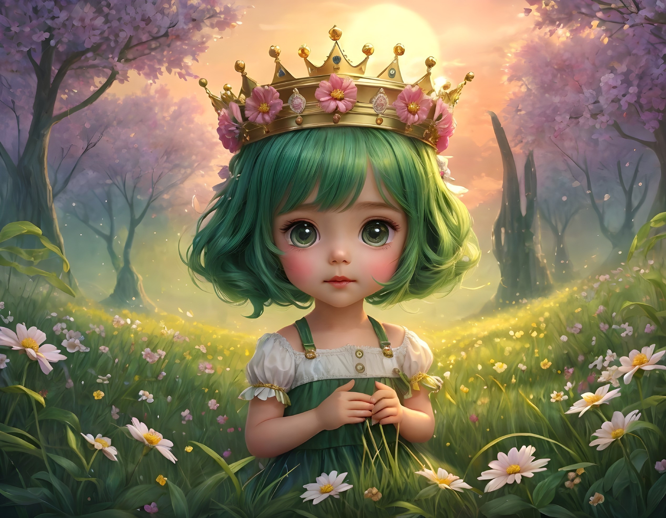 Child with Green Eyes & Hair in Flower Landscape at Dusk or Dawn