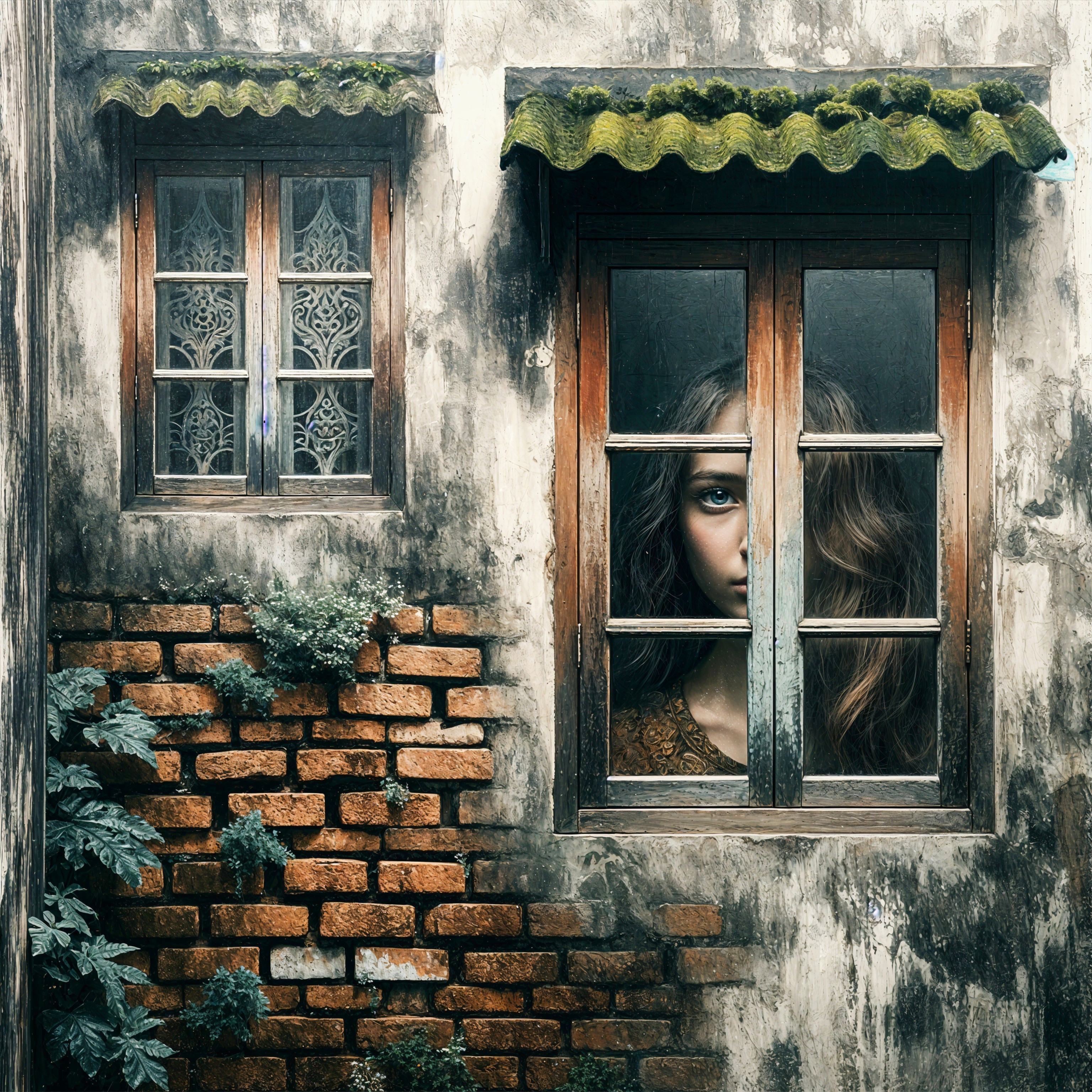 Weathered Building with Rustic Windows and Vines