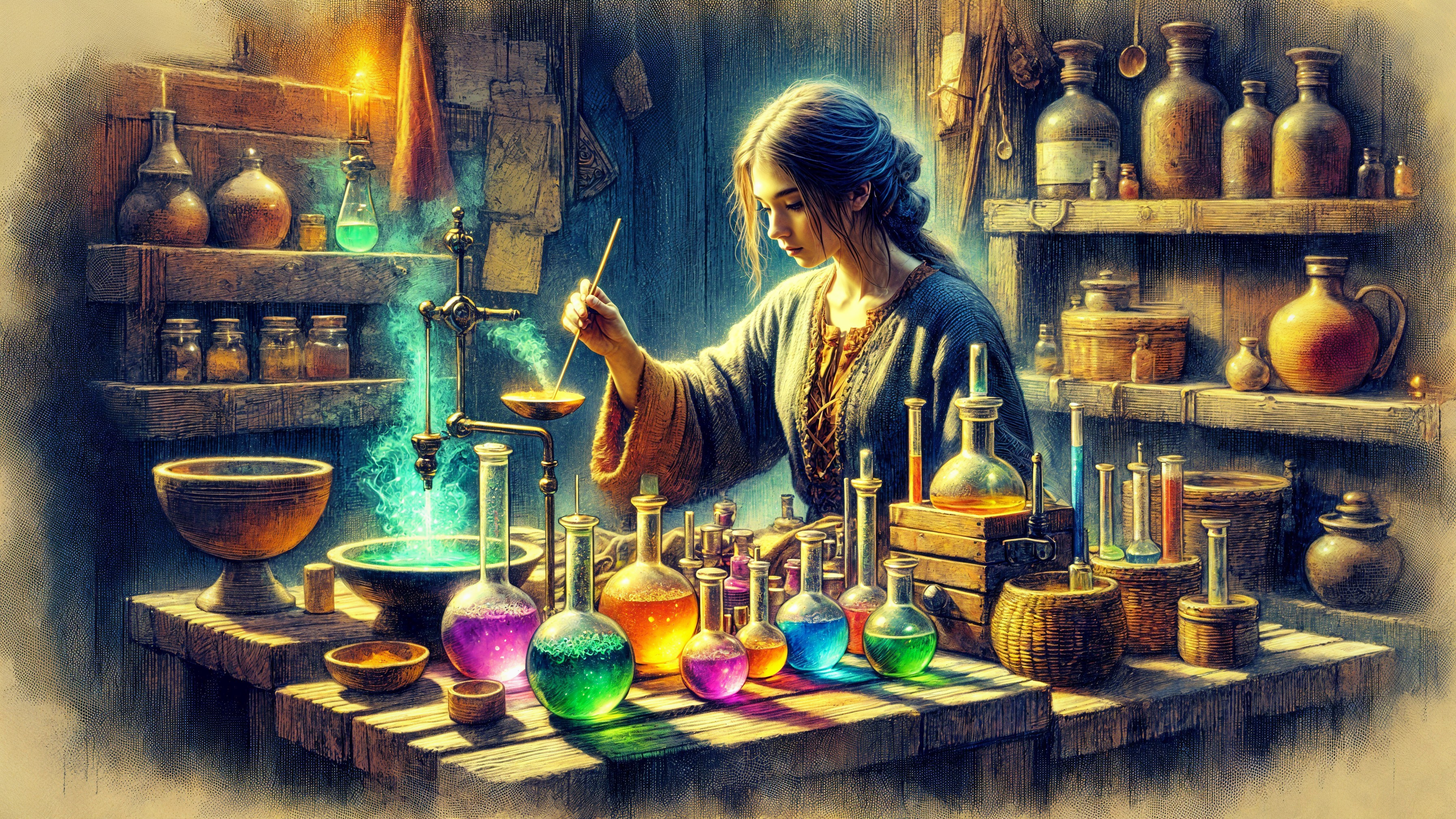 Young woman in rustic alchemy lab stirring potion