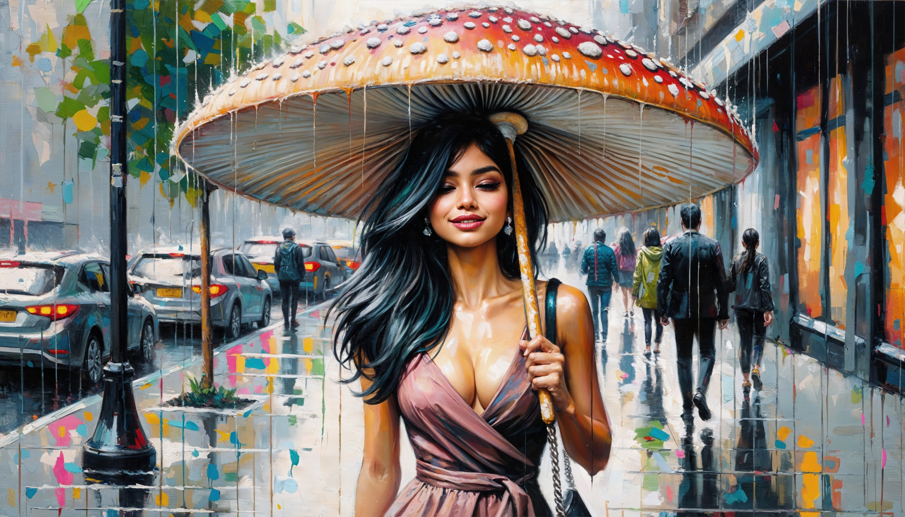 Woman with mushroom umbrella on rain-soaked street