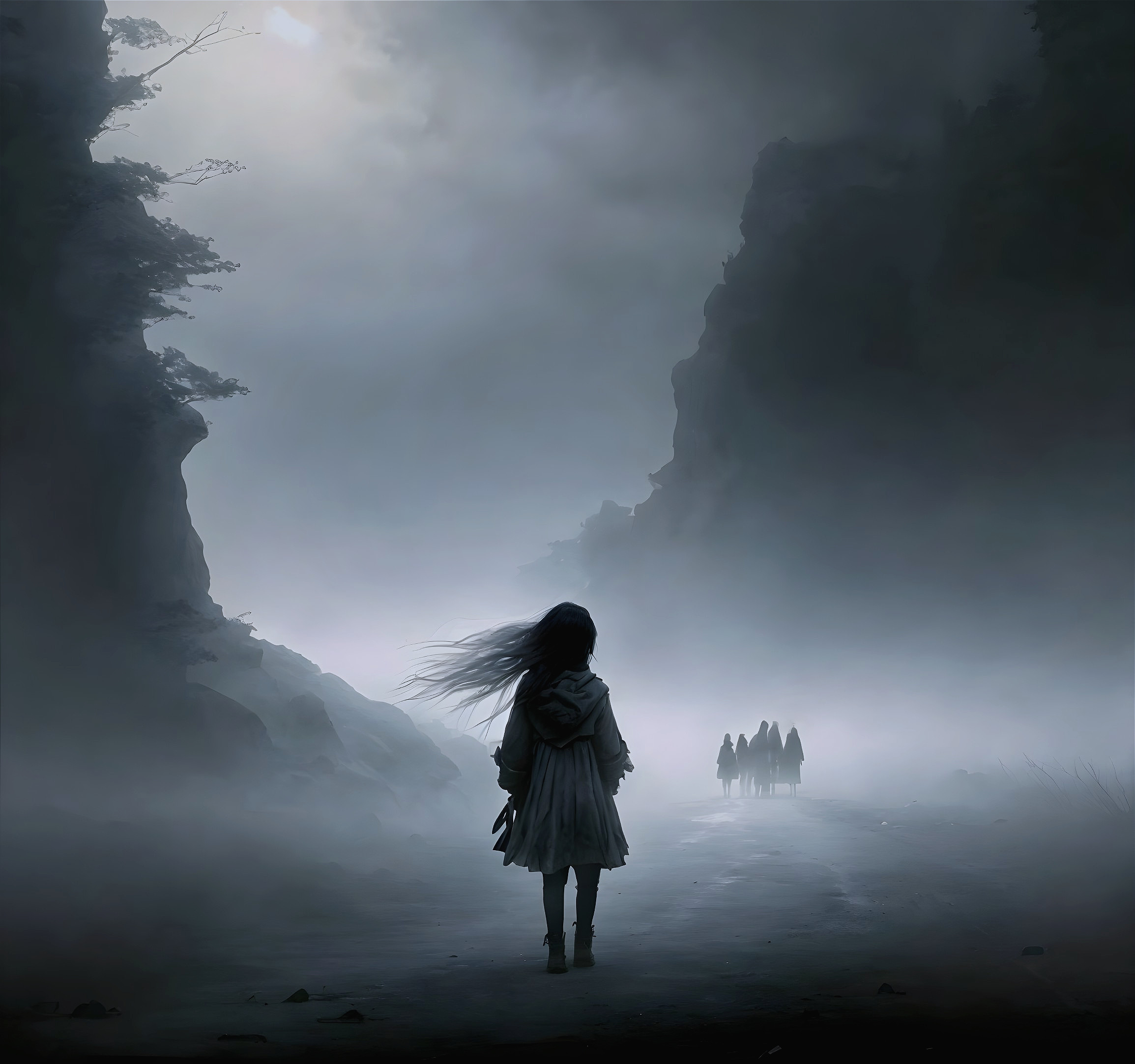 Lone Figure in Cloak Amid Foggy Landscape and Shadows